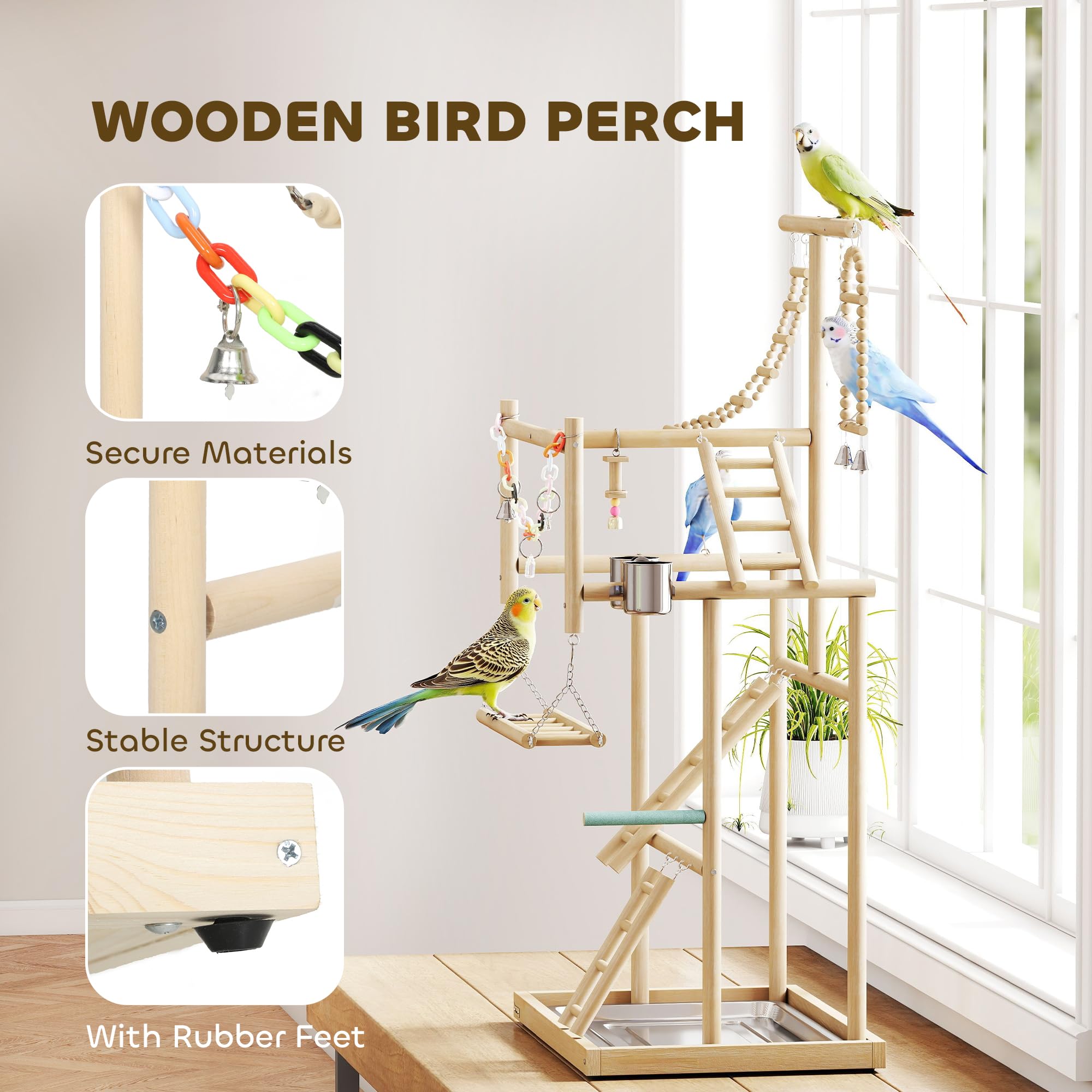 PawHut Bird Playground, 4 Layer Wooden Parrot Play Stand with Ladders, Chain Toy, Stainless Steel Cups and Tray, Bird Cage Accessories for Parakeets, Cockatiels, Finches, Lovebirds, Budgie - image 3