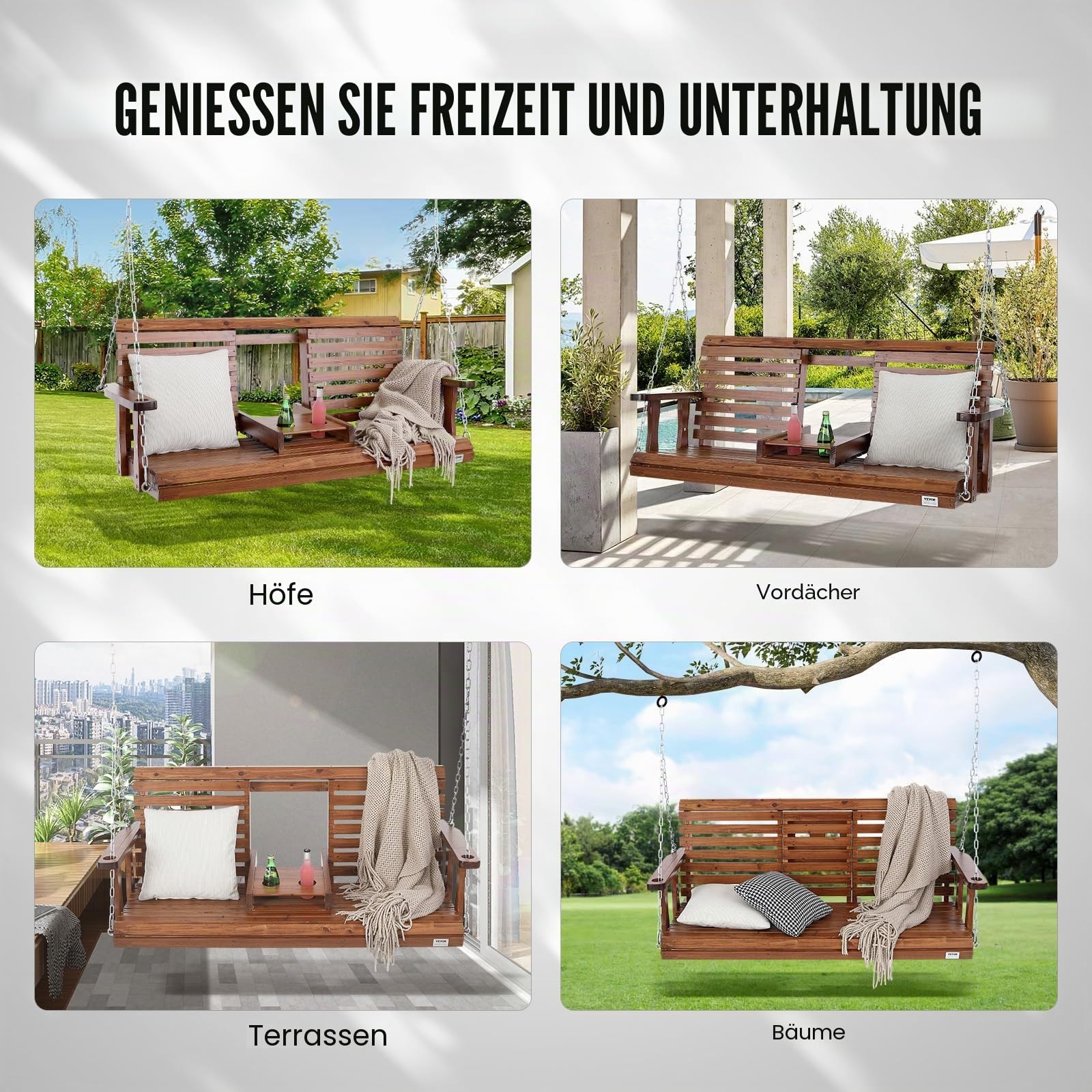 VEVOR Hollywoodschaukel Zedernholz, 1523x710x600mm, Terrassenschaukel für Hof und Garten, verbesserte Tragkraft von ca. 400 kg, robuste Schaukelstuhlbank mit Aufhängeketten für den Außenbereich, braun