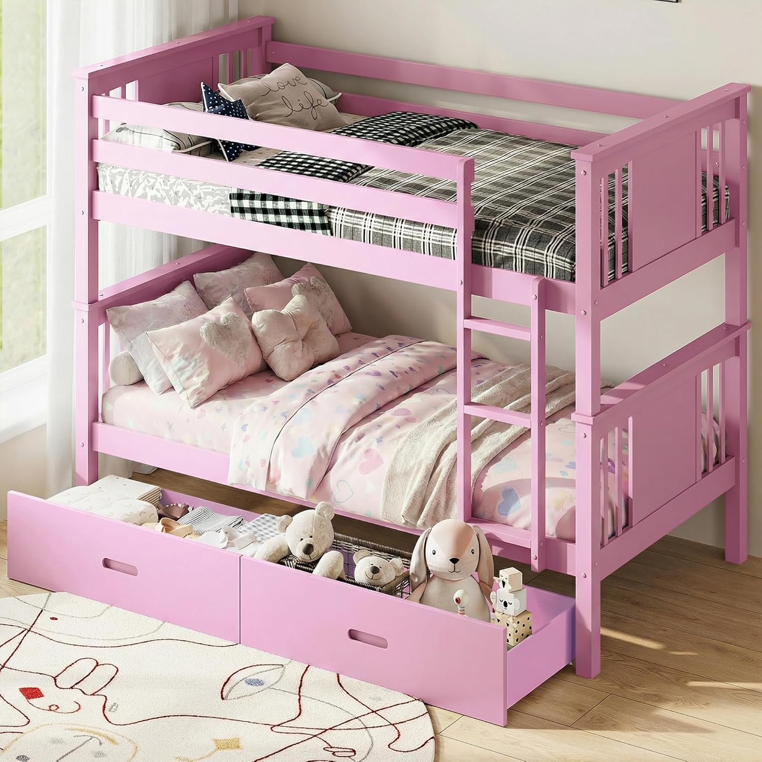 Bunk Bed Twin Over Twin, Convertible Wood Bunk Beds with 2 Storage Drawers, Solid Wood Slats, Widened Guardrail, Sturdy Ladders, No Box Spring Needed, Pink