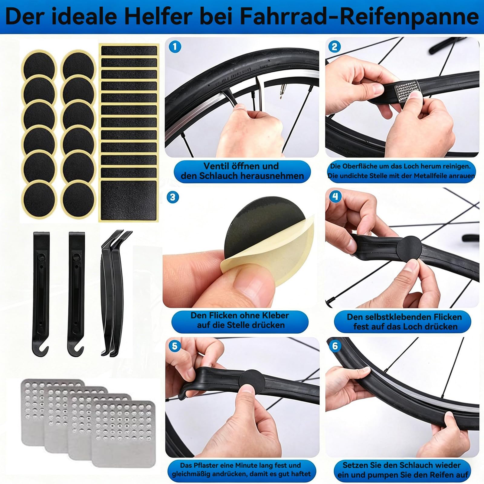 Flickzeug Fahrrad & Reparaturset, mit Mini Ratsche, Luftpumpe mit Adapter, 2 Reifenheber, selbstklebende Flicken, tragbar für Rennrad, MTB, E-Bike