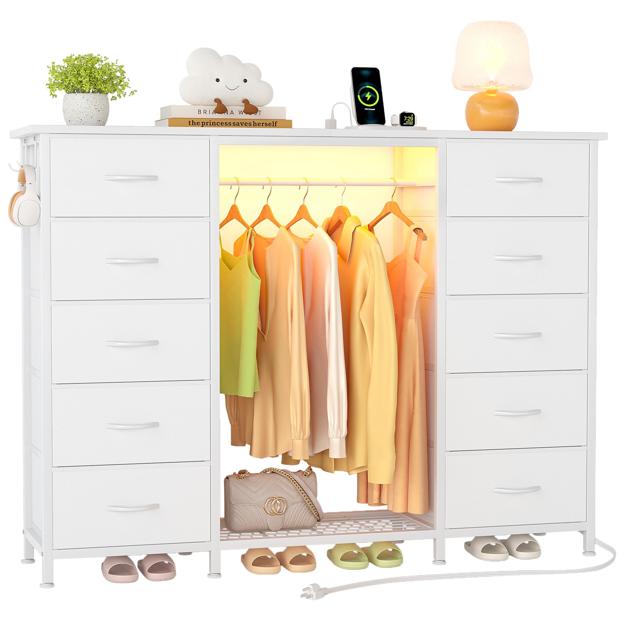 Flrrtenv 140cm Chest of Drawers with Hanging Rack, 10 Fabric Drawers Dresser for Bedroom, Clothes Rack Dresser with LED Lights, Charging Station & Grid Panel & Side Hooks (White)