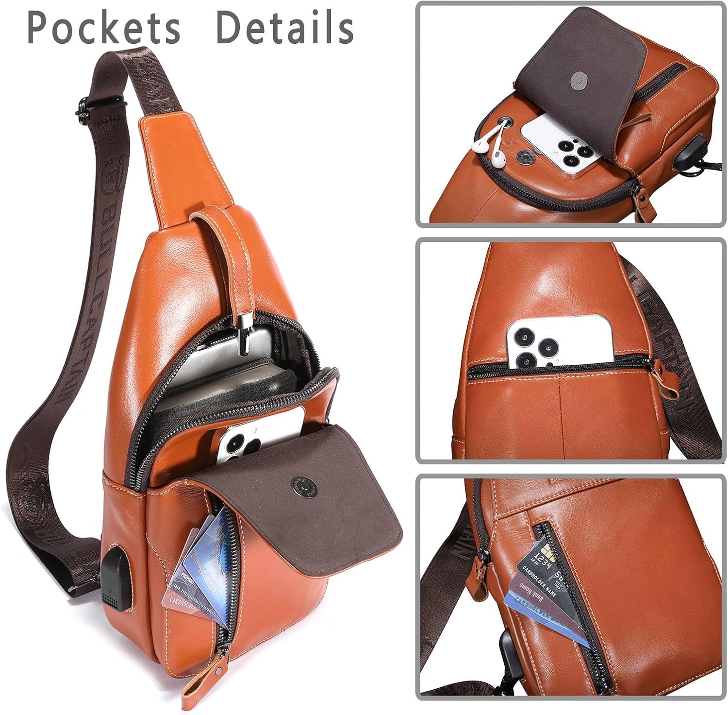 Genuine Leather Sling Bag Mens Crossbody Backpack Hiking Casual Daypack Shoulder Chest Bag with USB Charging Port - Image 3