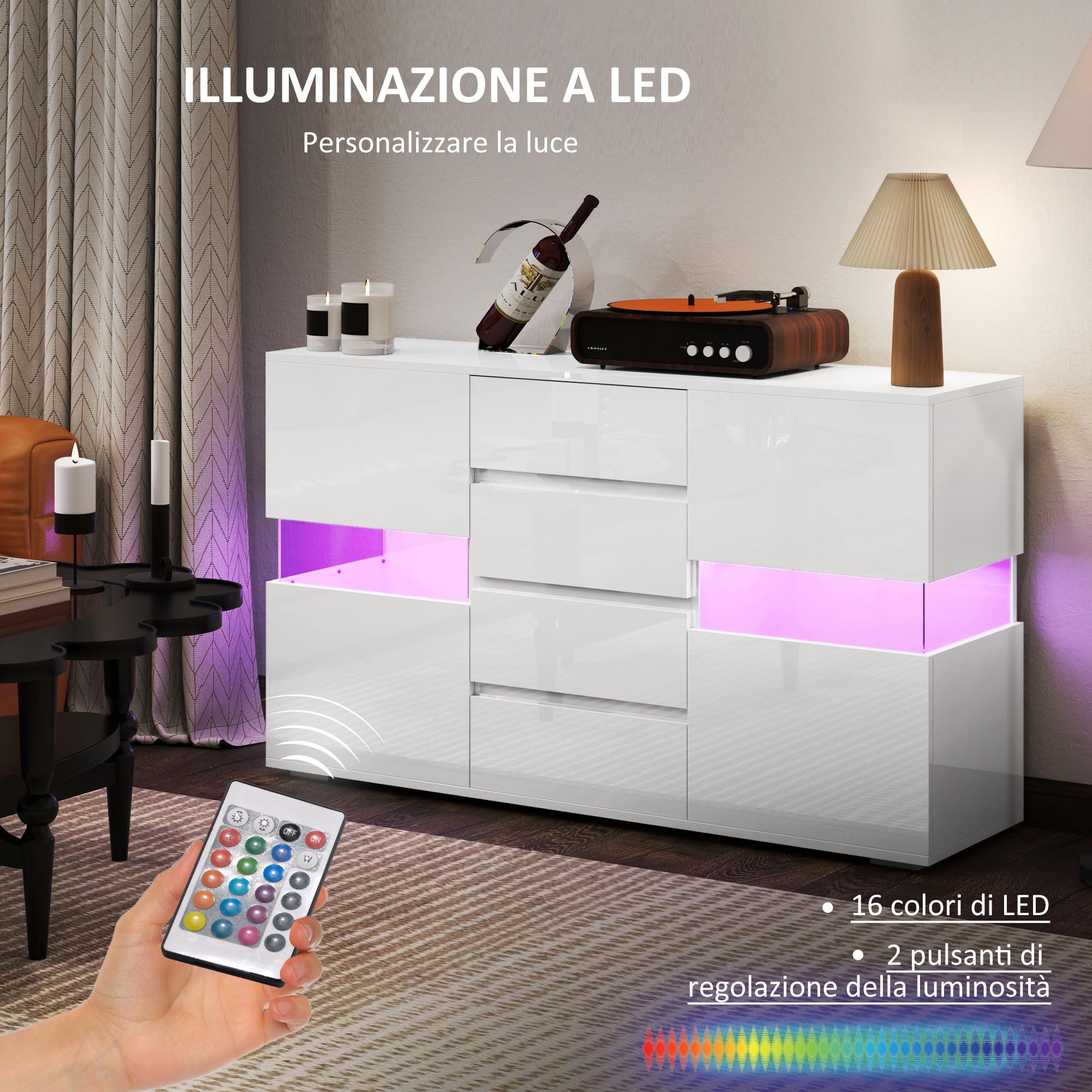 HOMCOM Credenza Moderna con Luce LED Regolabile 120x34x70 cm Bianco | con Telecomando, Mobile da Salotto, 4 Cassetti, 2 Armadietti, Mobili Sala
