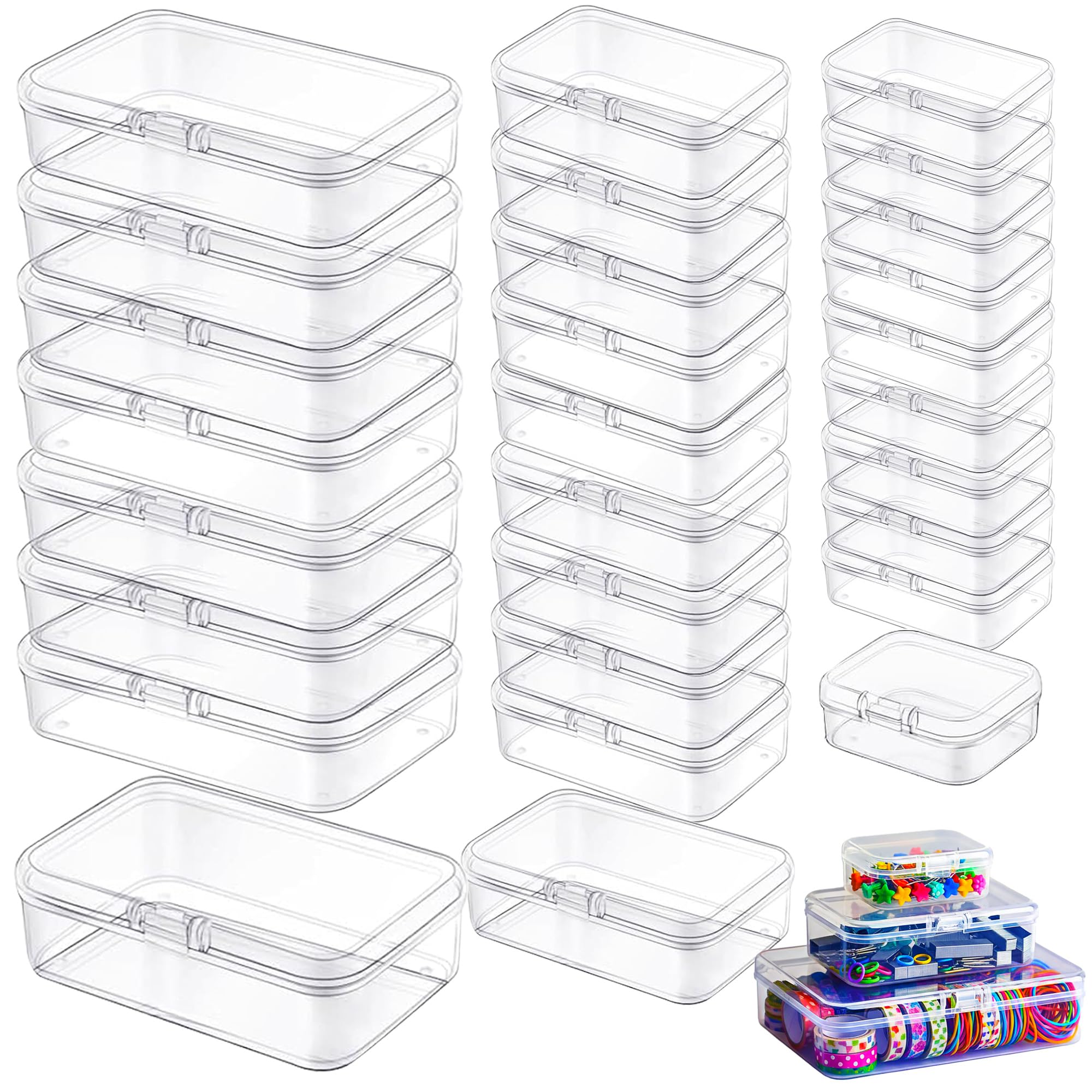 LJY 28-Piece Clear Small Plastic Containers With Lids- Durable & Stackable Small Boxes with Lids for Beads, Jewelry, Crafts,Nail Art & Crayon Organizer, Board Game Organizers