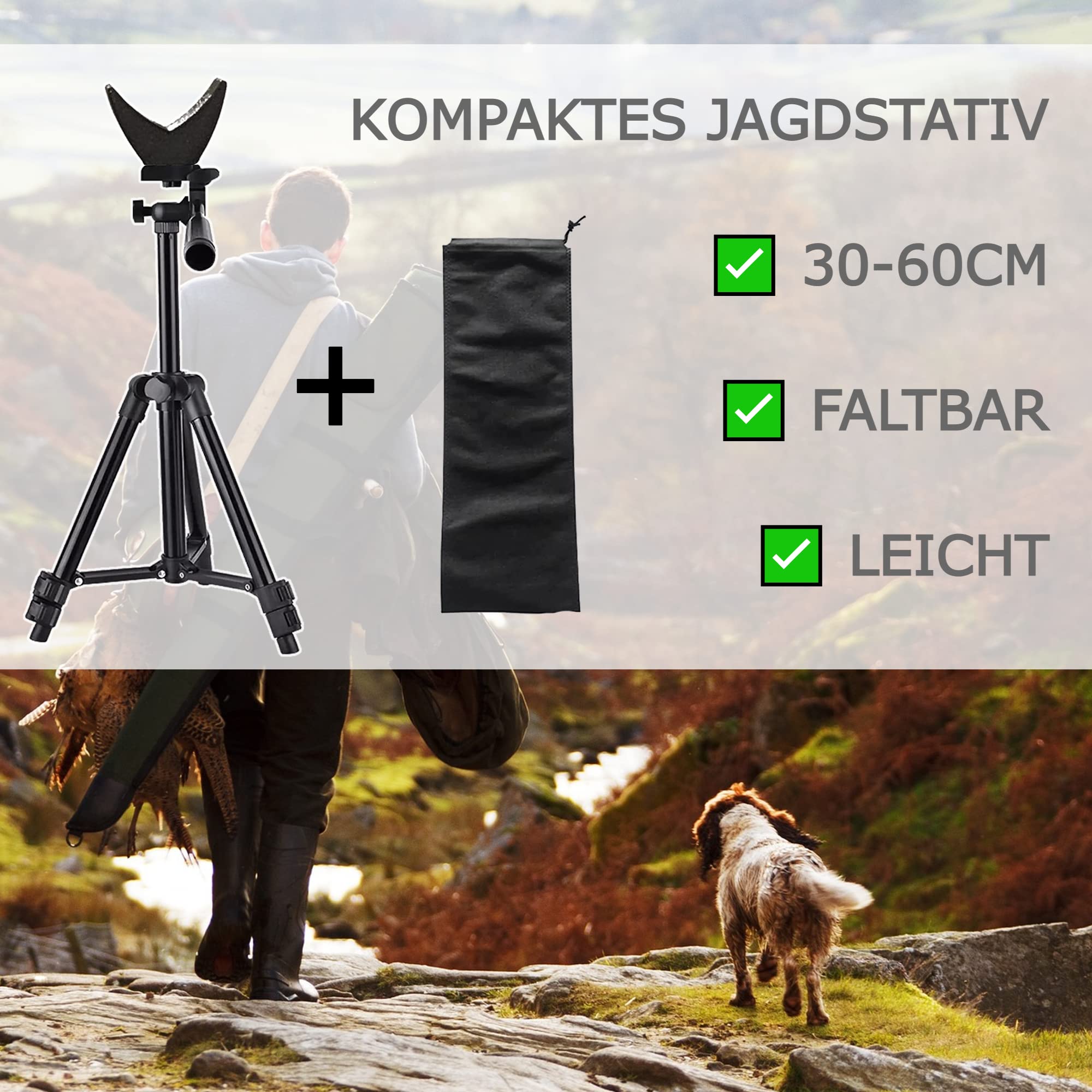 TronicXL 30-63cm Schießstock Zielstock Pirschstock I Stativ + Auflage für Objektiv I Gewehr Gewehrauflage Tripod Dreibein Gewehre Waffen Ständer Gewehrstativ Jäger Paintball Zubehör 60cm