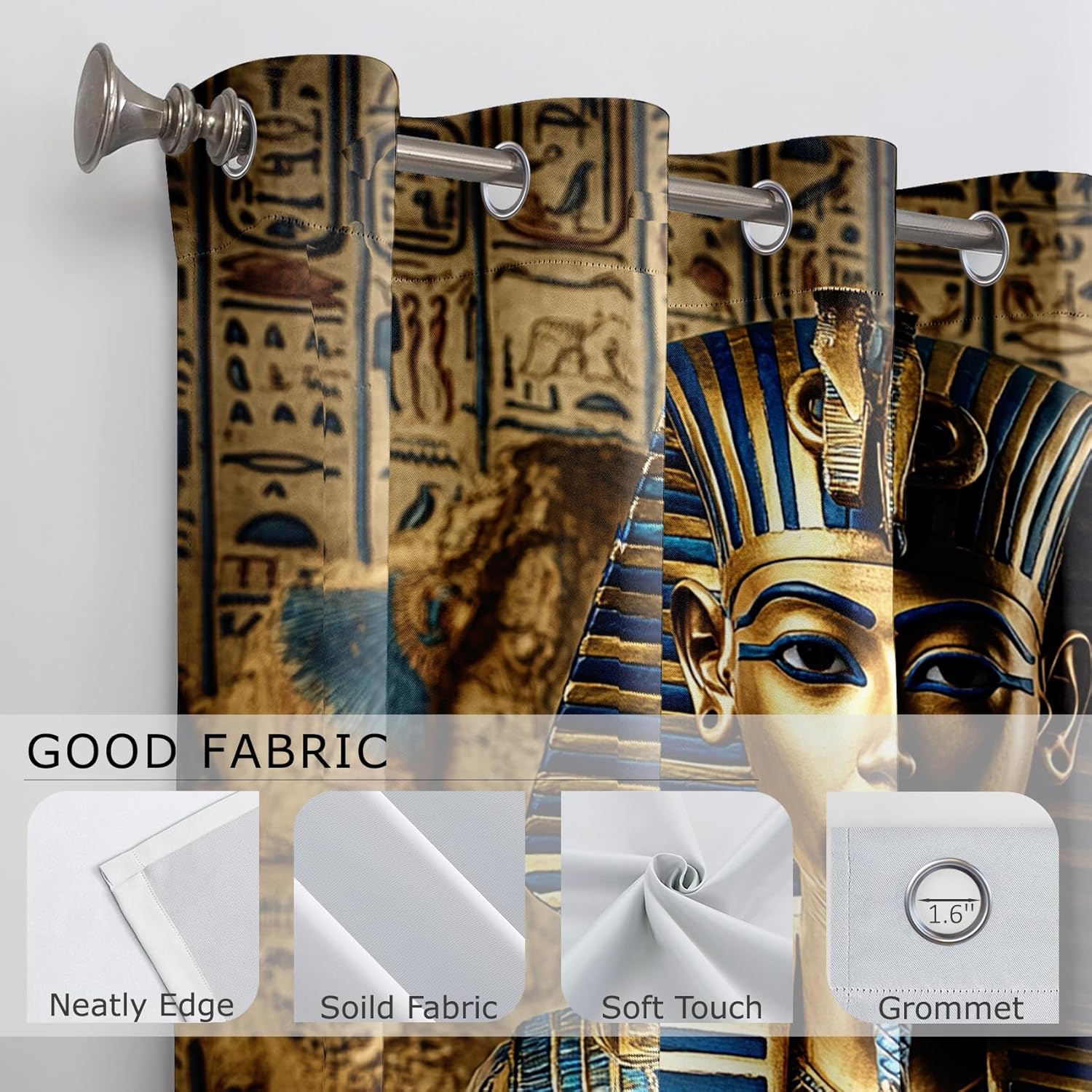 Egyptian Curtains Blackout, Room Darkening Thermal Insulated Grommet Drapes for Bedroom Living Room, Gold Pharaoh Ancient Hieroglyphics Patterned Window Treatments, 84 Inch Curtains 2 Panel Set