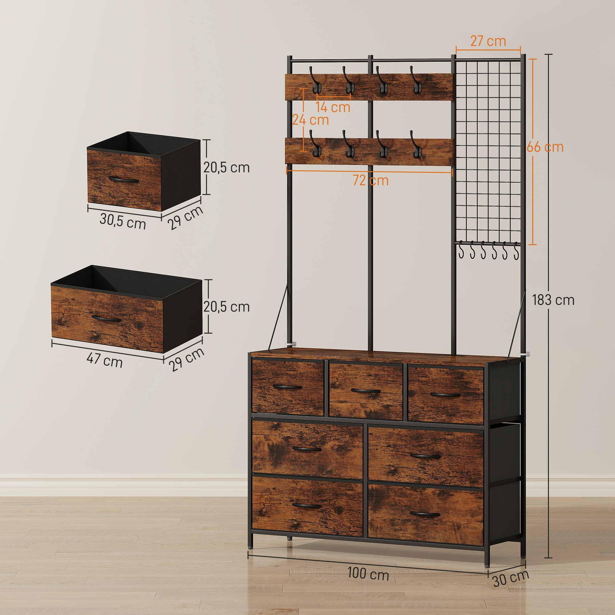 HOMCOM Meuble d'Entrée 4 en 1 Portemanteau Vestiaire Noir Brun Rustique | 7 Tiroirs Pliables en Tissu, 14 Crochets, Style Industriel, pour Couloir Entrée Chambre