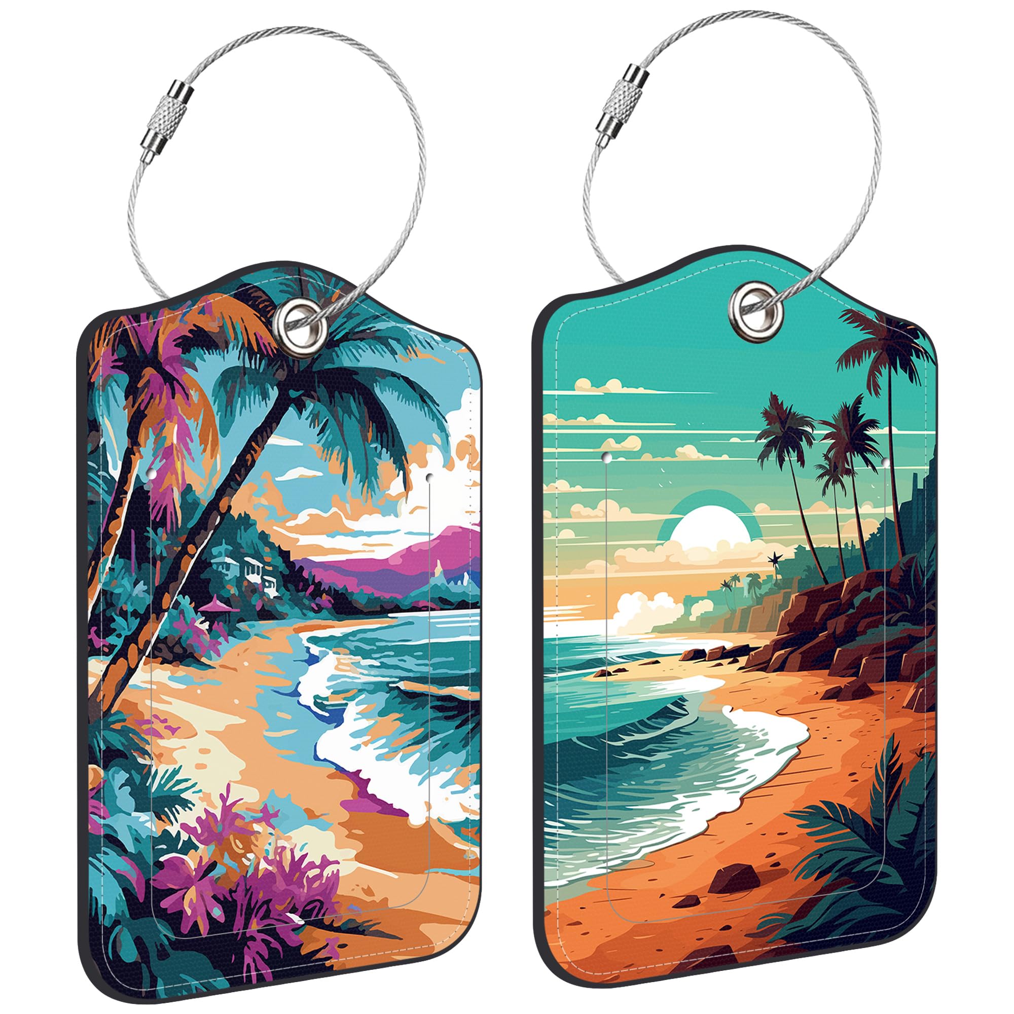 2 PCS Leather Luggage Tags for Suitcase Sea and Beach Coastal Landscape Travel Luggage Tag with Privacy Flap Name ID Label and Metal Loop for Travel