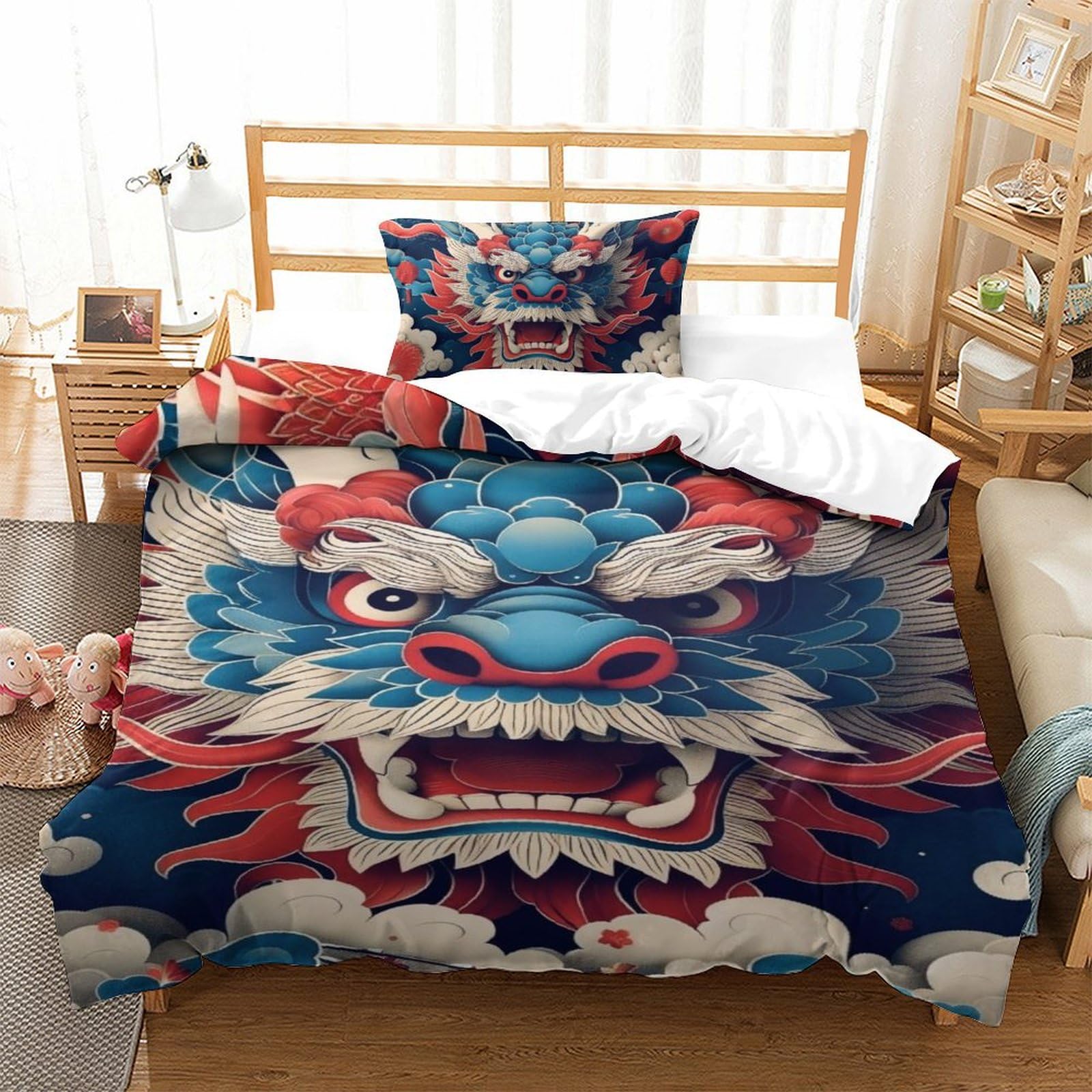 GAOYUCHUN Red Dragon Duvet Cover Sets 2 PCS Hotel Quality Quilt Cover Bedding Set Bed Covers with Pillowcases with Zipper Closure Hypoallergenic Soft Breathable Microfiber Single（135x200cm）