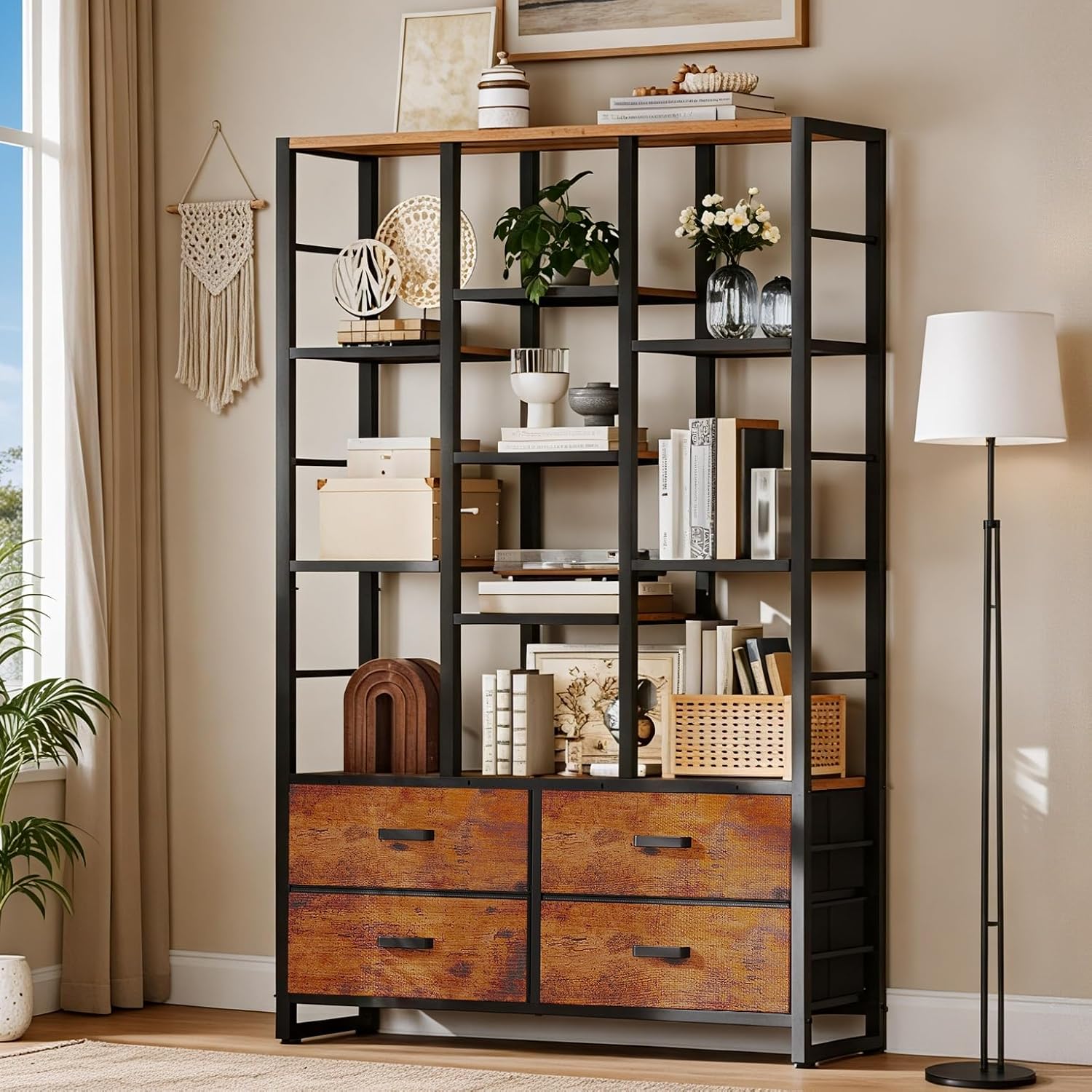 RALGEND Bookshelf with 4 Drawers, 6-Tier Bookcase with Open Display Shelves and Protective Rails, Industrial Large Book Shelf with Storage for Home Office, Living Room, Rustic Brown and Black