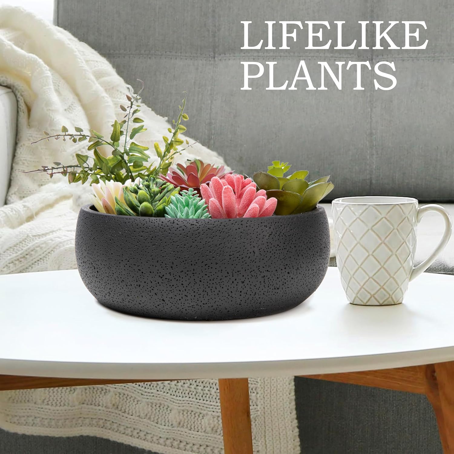 8 Inch Round Modern Artificial Succulent Plant Arrangement, Assorted Fake Plants in Black Concrete Planter Bowl for Home Decoration