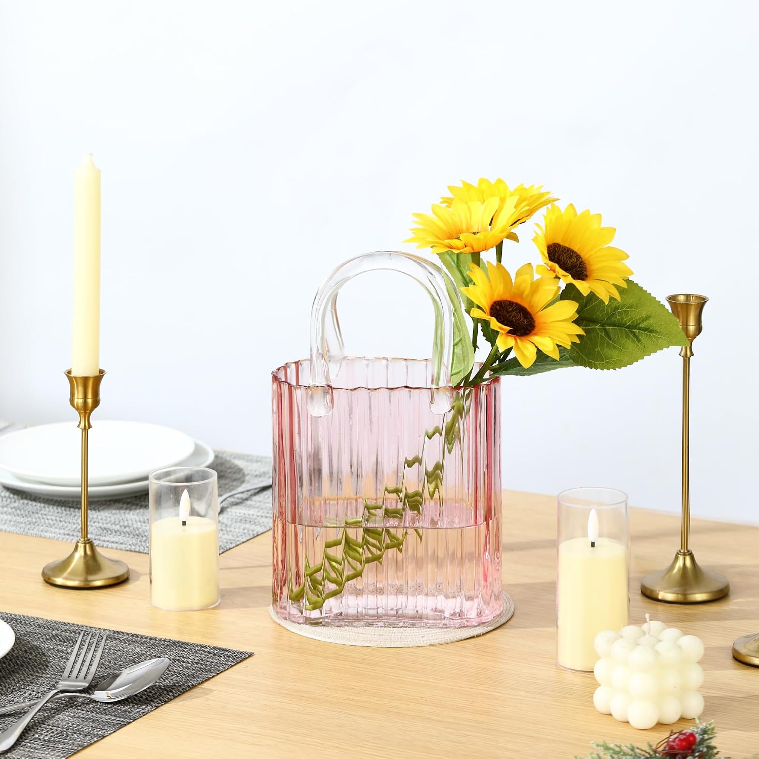 Purse Vase, Pink Glass Bag Vase, Glass Purse Vase for Flowers, 11.2 Inch Large Flower Vases, Ribbed Vases for Wedding, Living Room, Bedroom, Table, Office