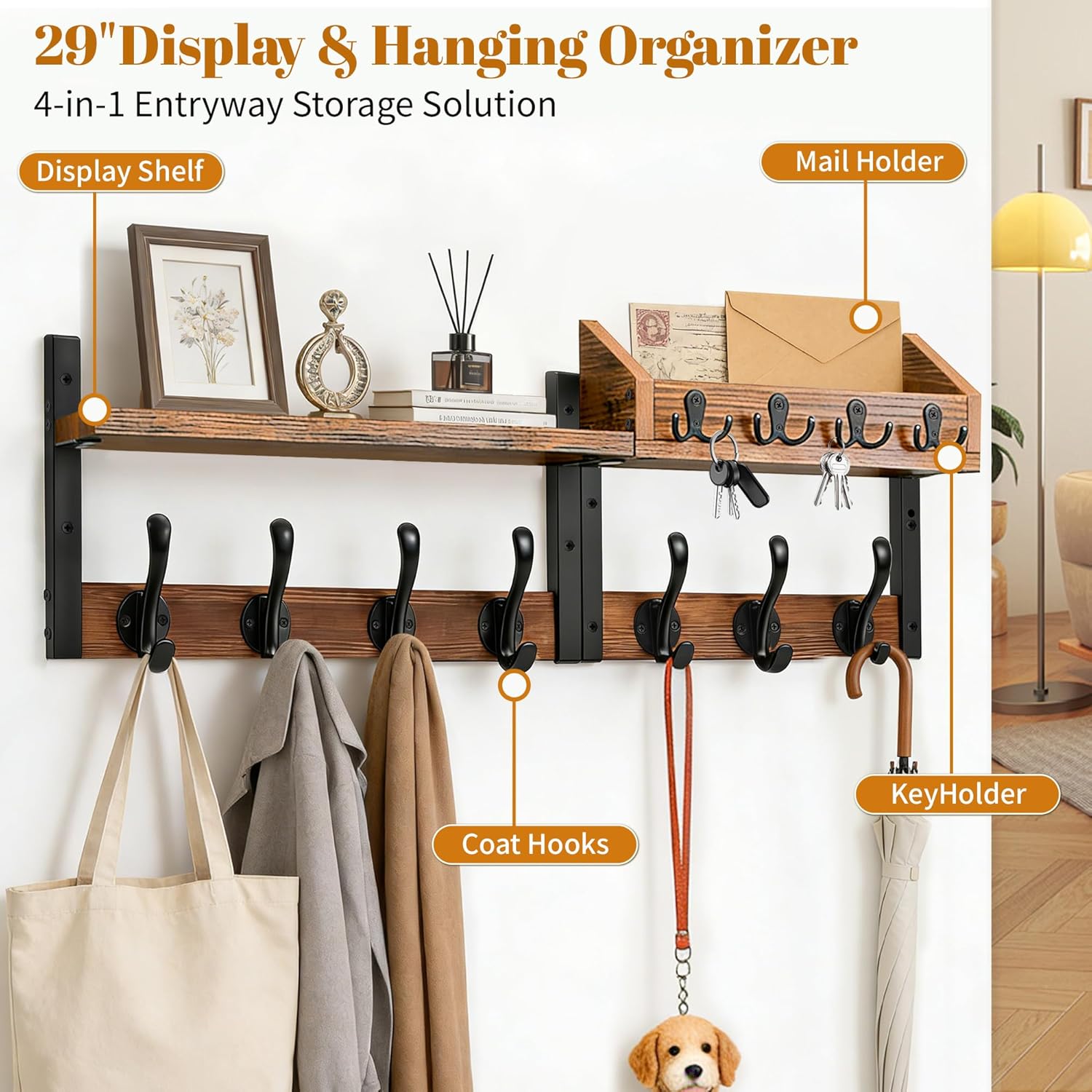 29" Coat Rack Wall Mount with Shelf and Hooks, Entryway Coat Hanger with Key Holder and Mail Organizer, Rustic Wood Wall Mounted Shelf for Living Room, Bedroom