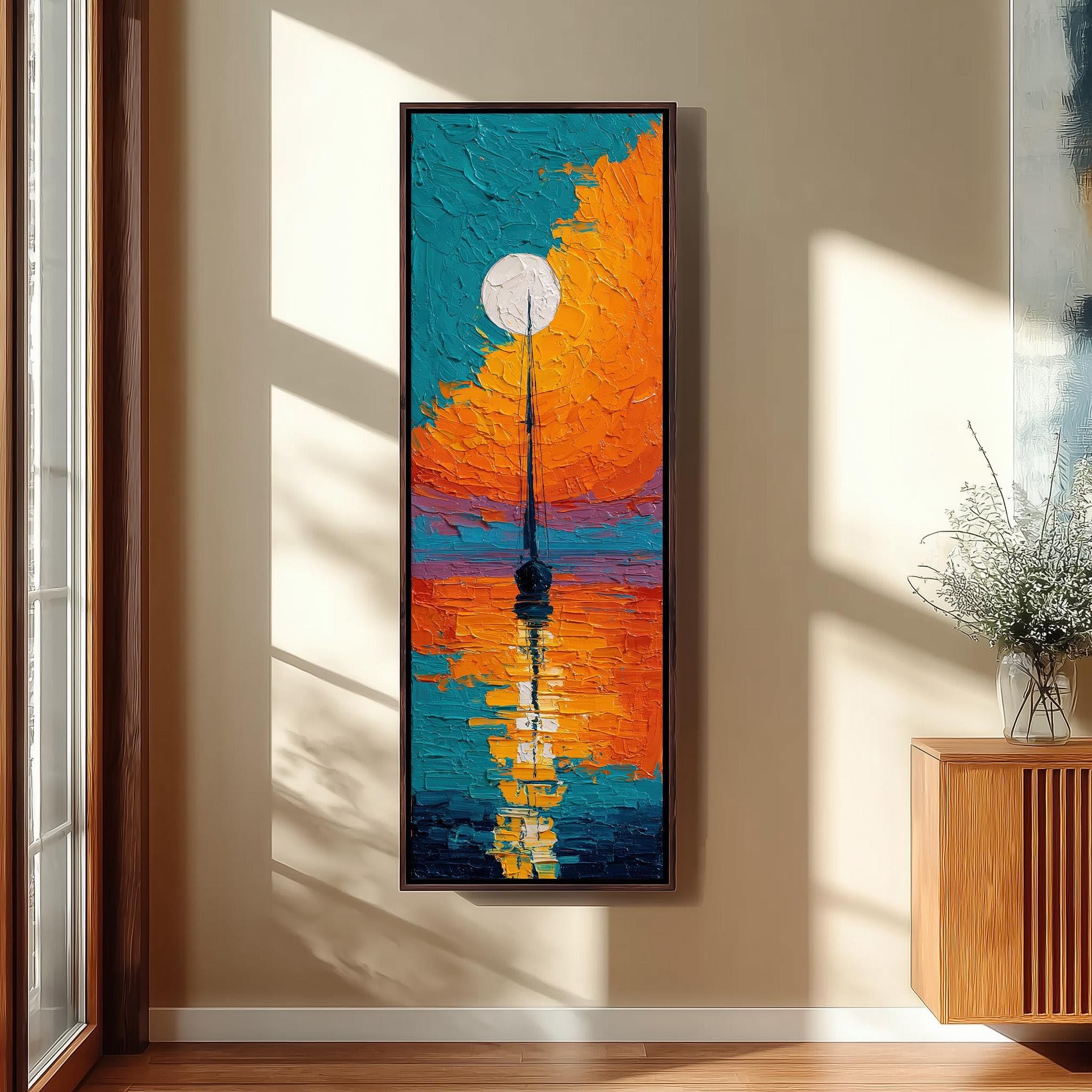 XBTYKPB Framed Tall Narrow Sailboat Canvas, Long Vertical Ocean Art, Skinny Sunset Print,Blue Orange Decor,Coastal Beach Painting(20x60cm/Frameless)