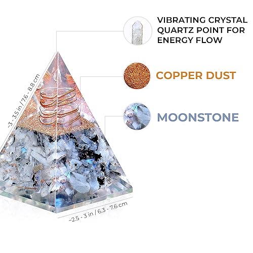 Miniatura 2 de Ever Vibes Nueva pirámide de orgonita inspiradora para la positividad | Pirámide de orgón de piedra lunar arcoíris para fuerza – meditación, yoga,