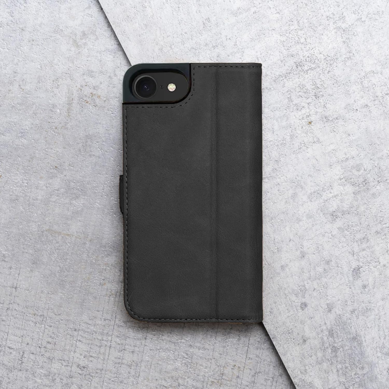 Porter Riley - Leather Case Compatible with iPhone 16e & iPhone 17e. Premium Genuine Leather Stand/Cover/Wallet/Flip Case with Card Slots & Horizontal Stand (Black, Tan)