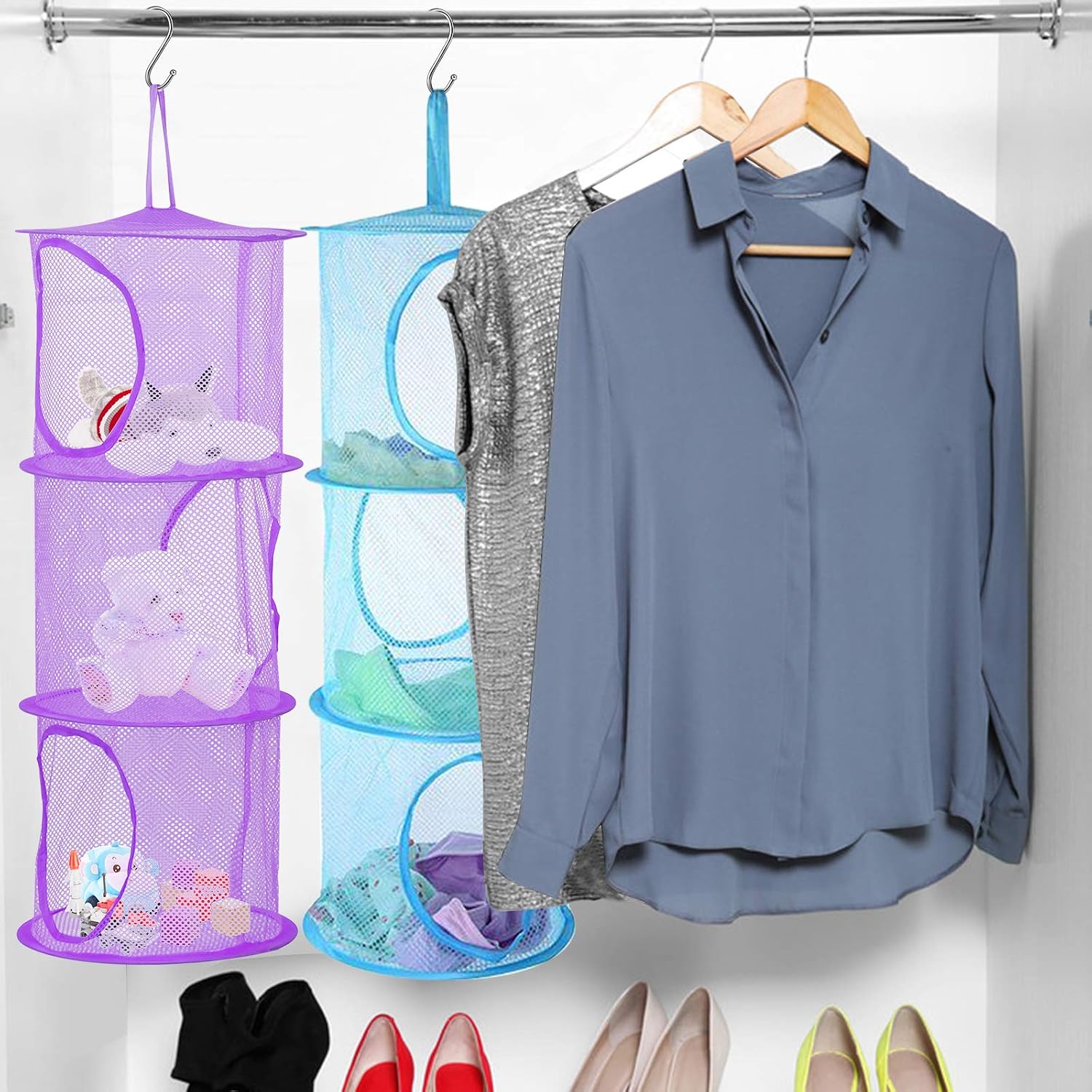 LANMOK 3pcs Hanging Mesh Storage Basket Foldable Space Saving Toy Organizer With 3pcs S hooks for Kids Room Bathroom Wall Balcony Wardrobe