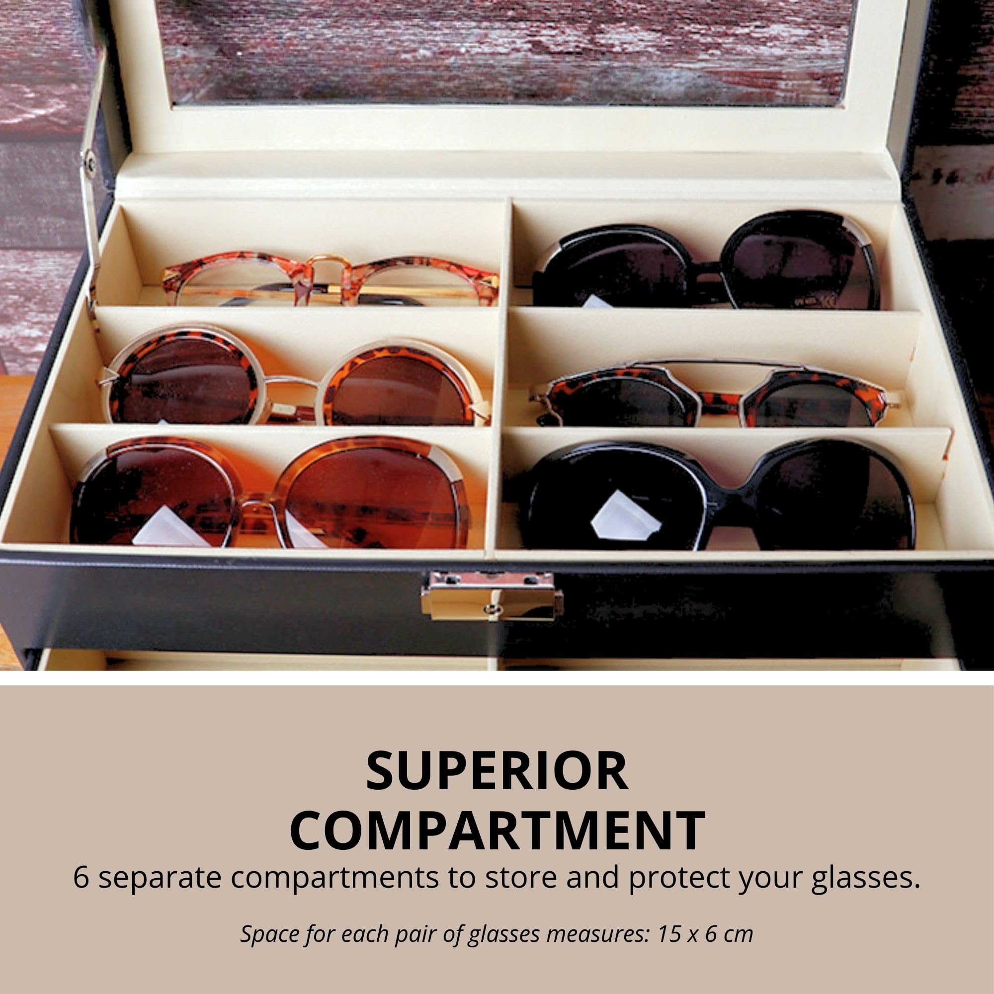 MAGIC SELECT Scatola per Occhiali. Espositore di Occhiali a 8-12-18 Scomparti con Coperchio in Vetro Trasparente, Chiusura con Chiave, Cassetto e Morbida Fodera Interna.