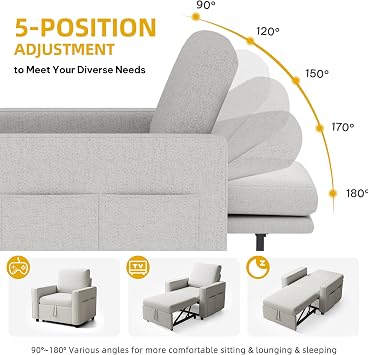 DWVO Convertible Sleeper Chair, 3-in-1 Sofa Bed with Reclining Backrest, 75 Single Sleeper Couch with Pull-Out Bed and Wide Armrest, Linen Futon Sofa for Dorm Apartment, Beige