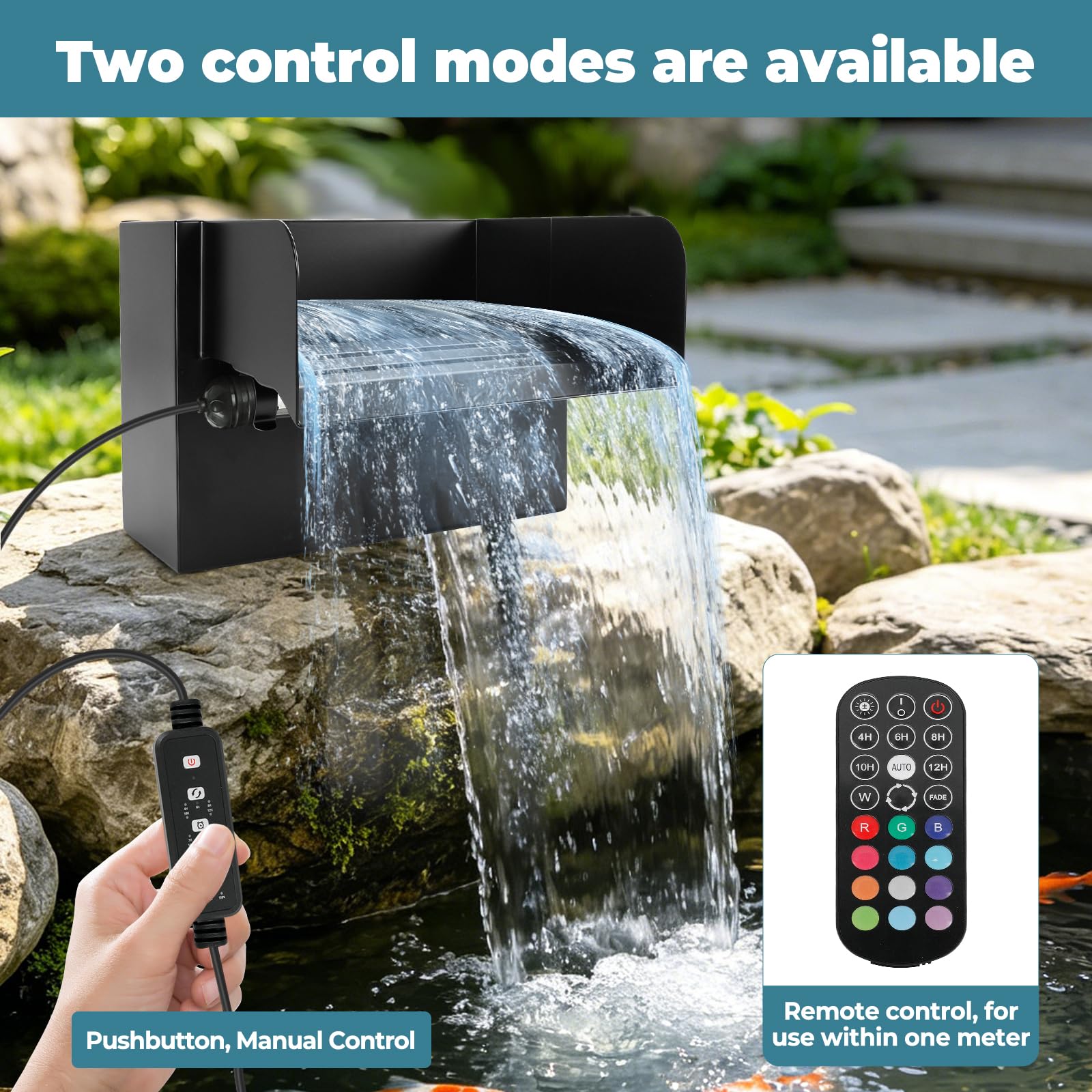 Teichwasserfall Überlauf für Gartenteiche, 20 cm Edelstahl Überlauf Teichbrunnen-Set mit 45W 3000L/H Pumpe für Teich, Pool, Garten, Terrassendekoration