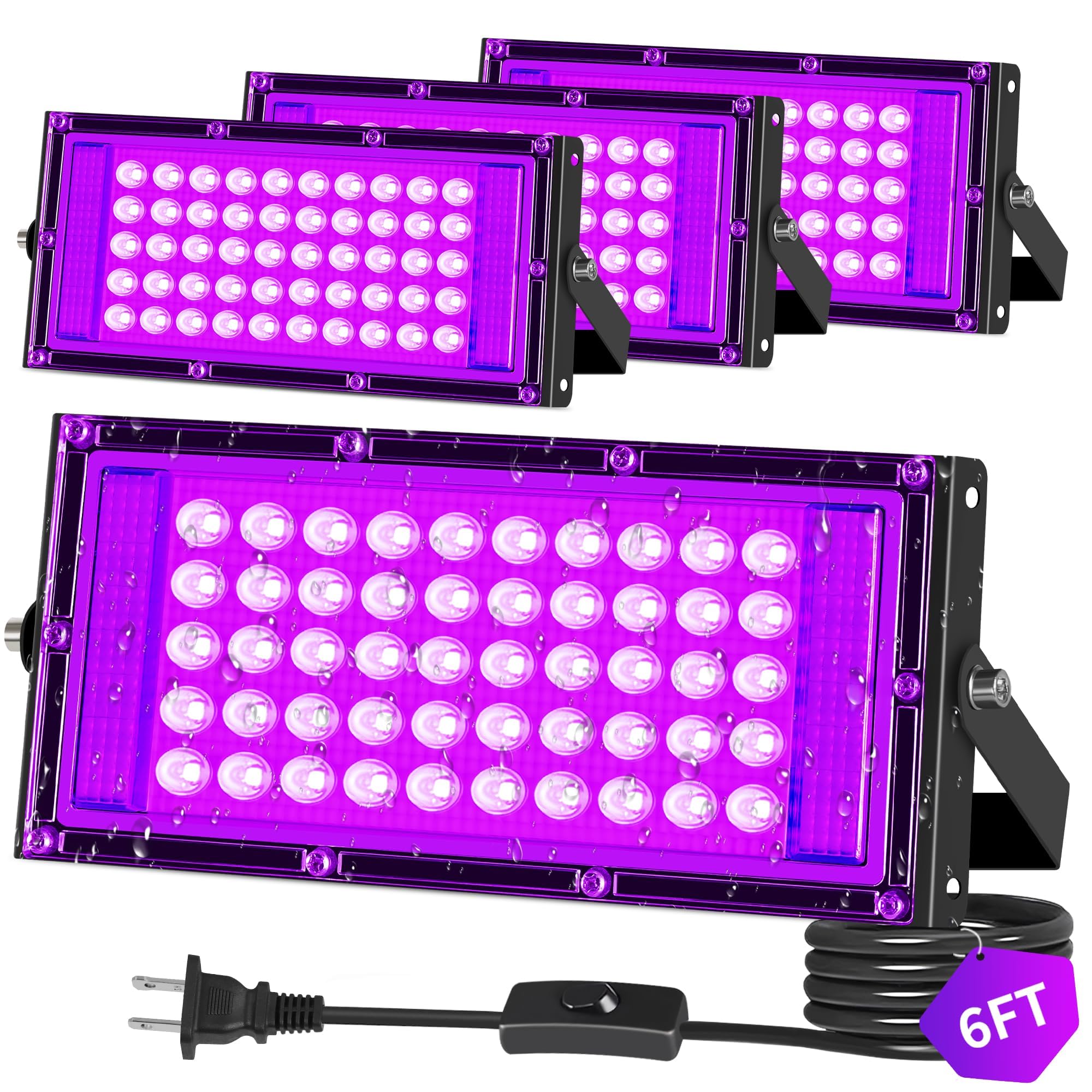 4 Pack 50W LED Black Light for Glow Party, Waterproof Blacklight Halloween