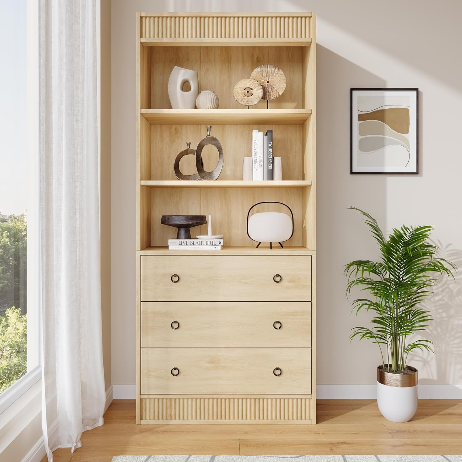 71" H Fluted Bookshelf with 3 Drawers & 3-Tier Open Shelves, Tall Bookcase with Waved Design, Tall Book Shelf with Open Shelf for Living Room/Home Office, Wood Color