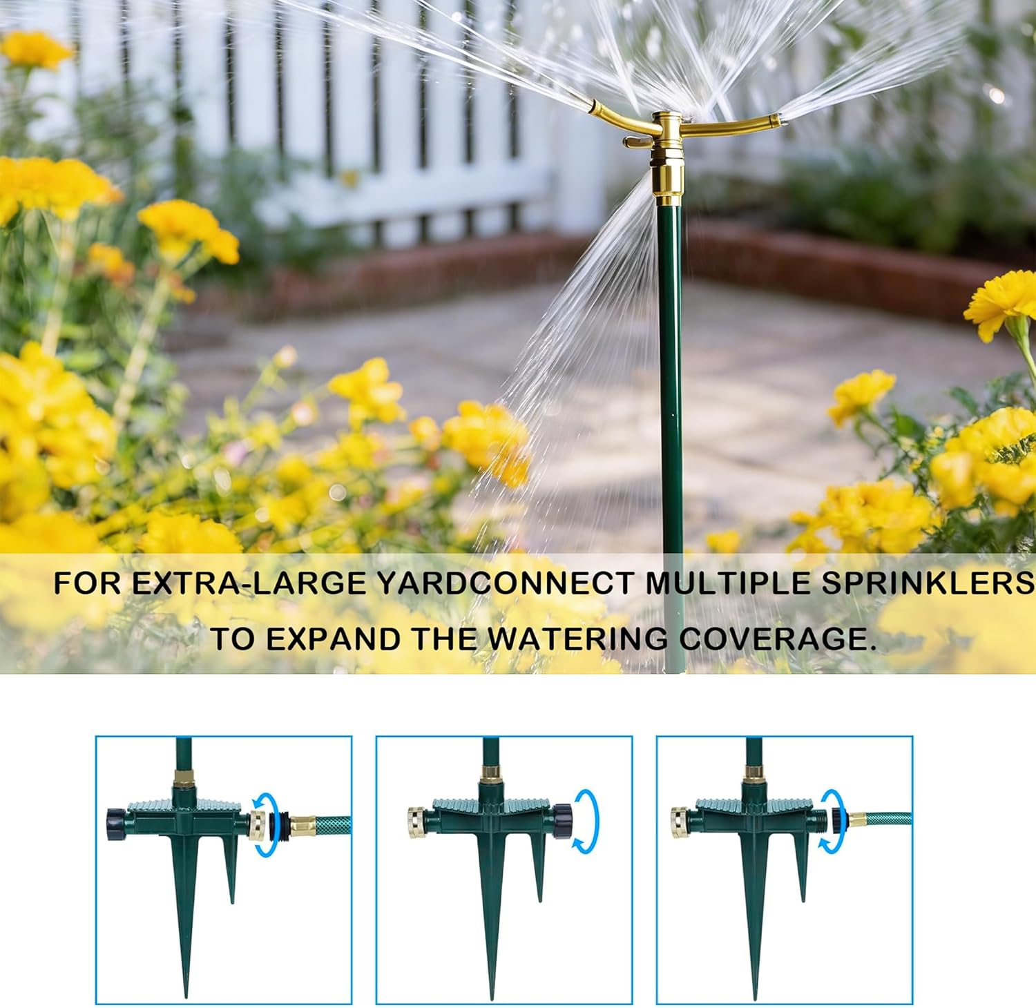 2 Pack 3-Arm Garden Sprinkler, High-Rise Lawn Sprinkler with Adjustable Telescoping Rod and Spike Base, 360 Degree Rotation Irrigation Tool for Large Area Yard Lawn Garden