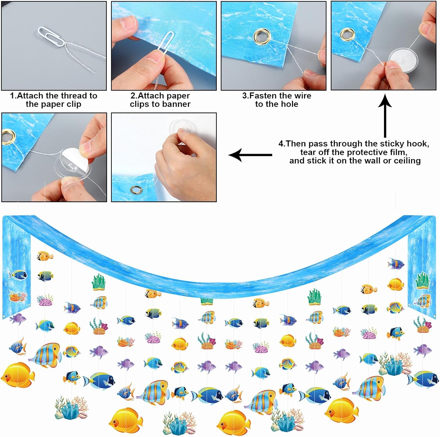 Ctosree Ocean 25 Pcs Tropical Fish Party Decoration Bulk 12 ft Ocean Waves Banner Ceiling Decor Under The Sea Party Decoration with 24 Pcs Tropical Fish Banner for Under The Sea School Classroom Decor
