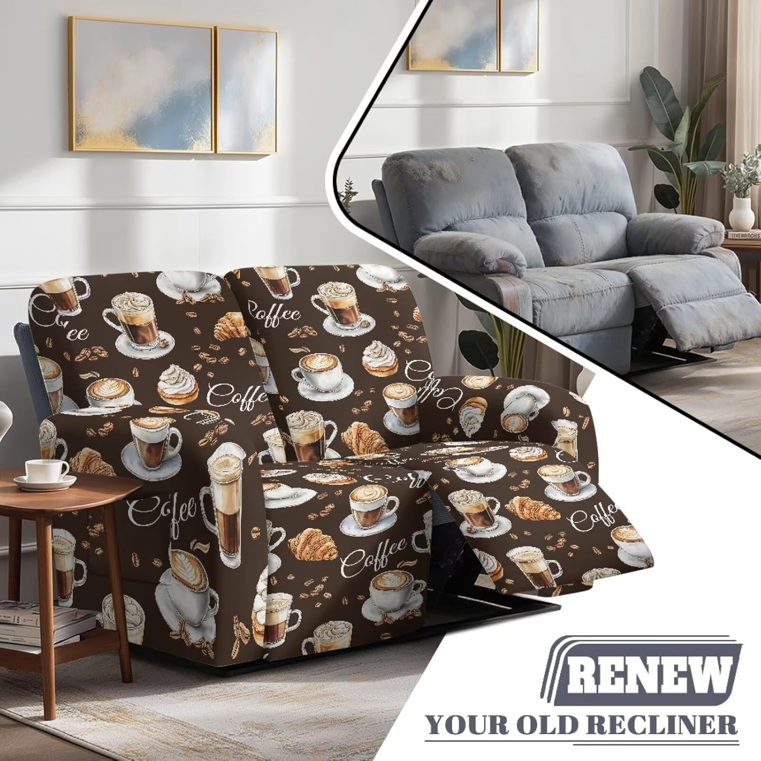 6 Piece Coffee Stretch Reclining Loveseat with Pockets Slipcover, 2 Seater Loveseat Recliner Cover, Recliner Couch Sofa Covers, Furniture Protector Cover for Pet Kid