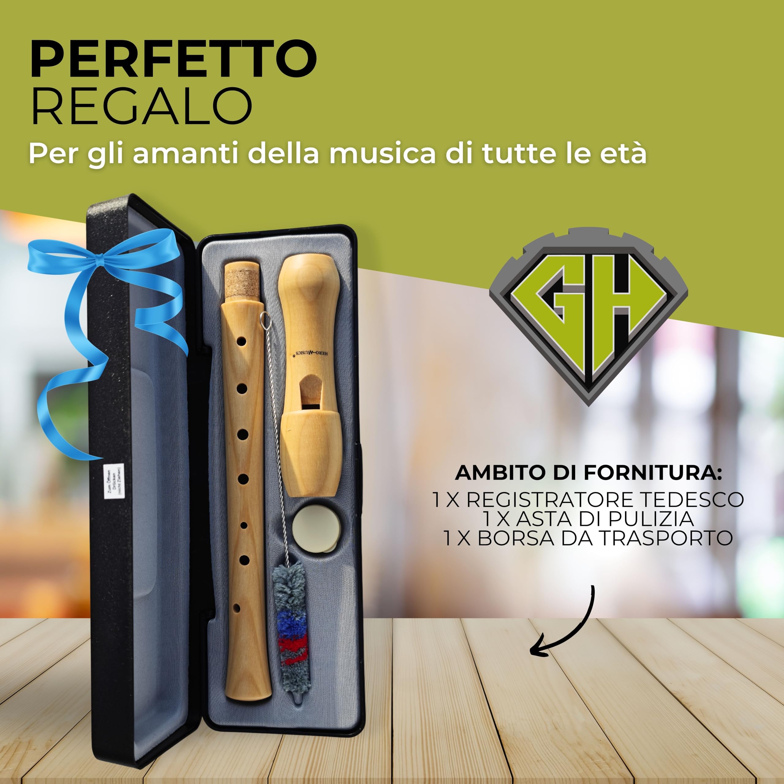 Flauto dolce in acero con diteggiatura tedesca in custodia