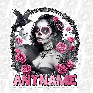 Custom Name Women Sugar Skull Floral Sticker Personalized Death Day Gothic Mexico Skeleton Text Waterproof Vinyl Decal for Water Bottles Tumblers Laptops Hard Hat Cars Kindle for Women Men Teachers