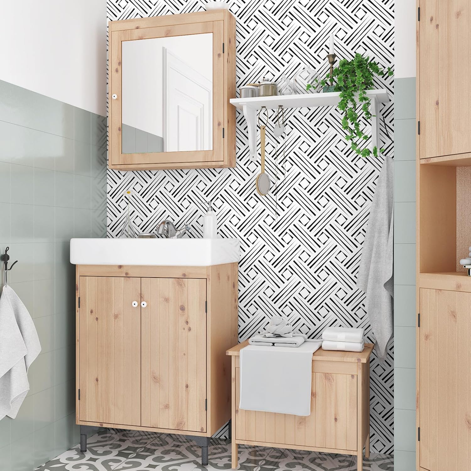 Black and White Peel and Stick Wallpaper Boho Geometric Contact Paper for Cabinets Modern Self Adhesive Removable Wallpaper Kitchen Bathroom Waterproof Black White Contact Paper 17.5"×102"