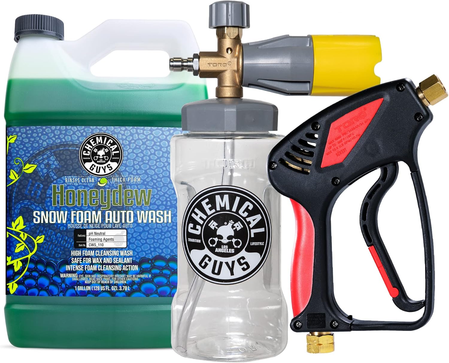 Chemical Guys CWS_110CS Foam Cannon & Snubby Snow Foam Kit - Honeydew Snow Foam Car Wash Soap, 128 fl oz (1 Gallon) + TORQ Foam Cannon Max 8 & Snubby Spray Foam Gun, for Pressure Washer - 3 Items