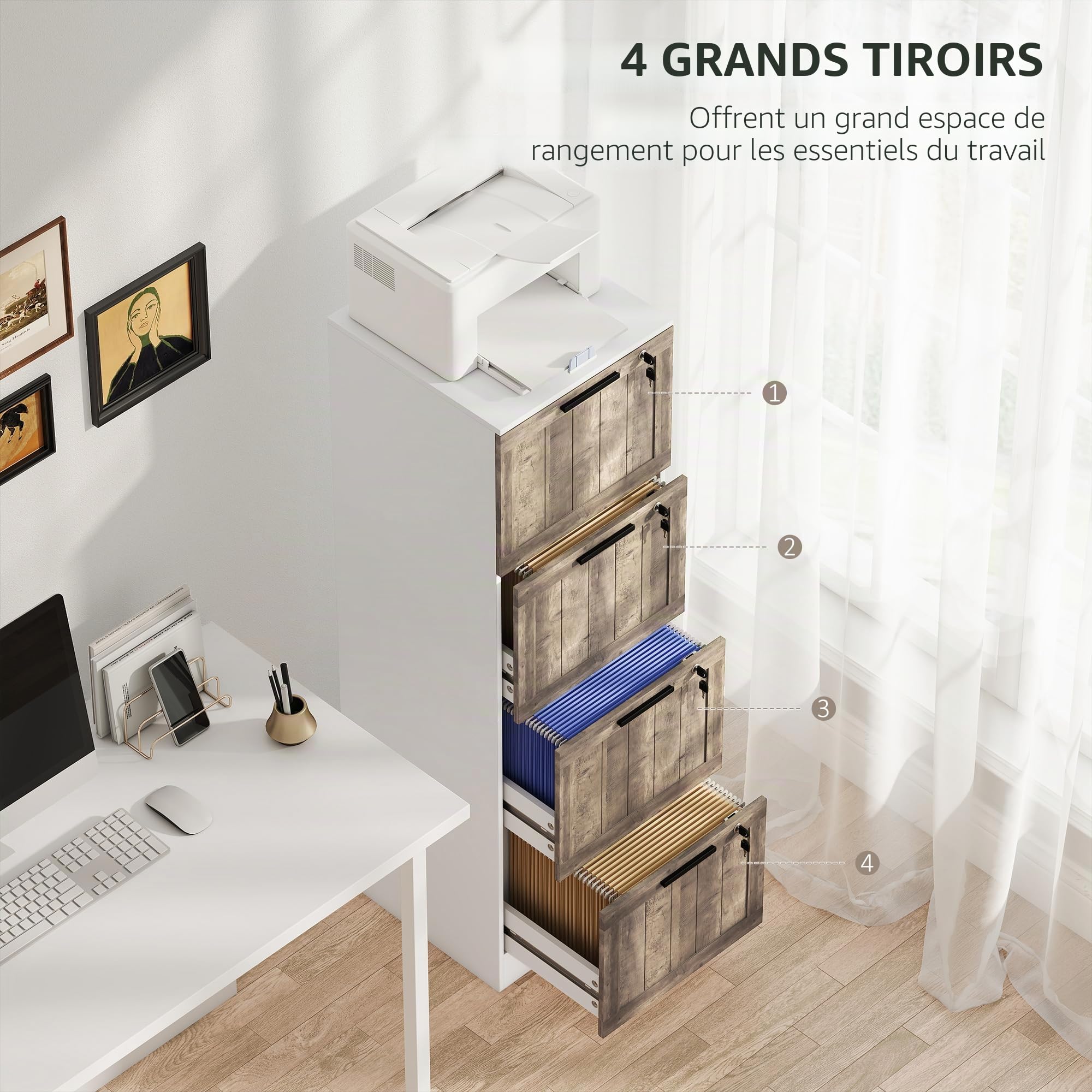 HOMCOM Armoire à tiroirs de Bureau avec 4 tiroirs Armoire à tiroirs de Bureau avec Serrure 2 clés Barres de Suspension pour A4 Lettre à dossiers Mobile pour 39,4x40x129 cm Blanc & Bois
