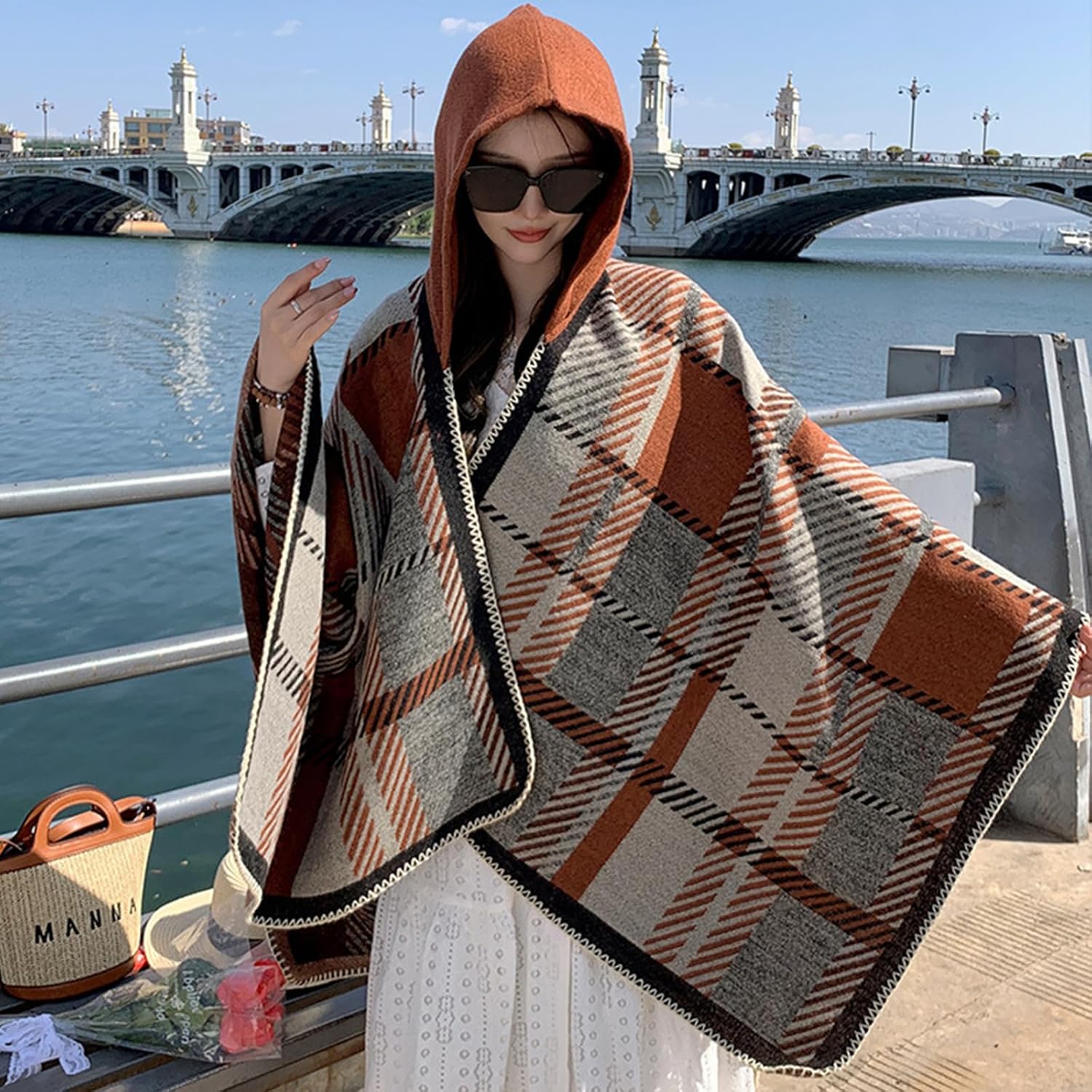Women’s Oversized Plaid Hooded Sweater Poncho Cape Shawl Wraps Open Front Blanket Shawls and Wraps - Image 2