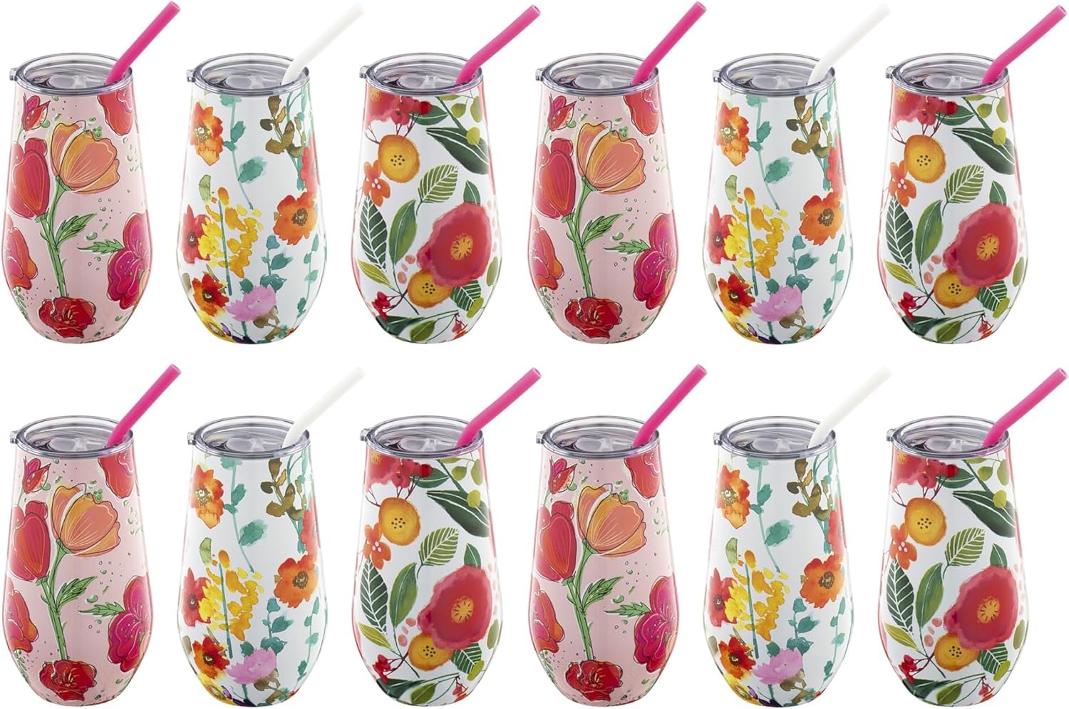 Cambridge EABS216CB0BM 16 Oz Floral Wine Tumblers With Straws, Set Of 12
