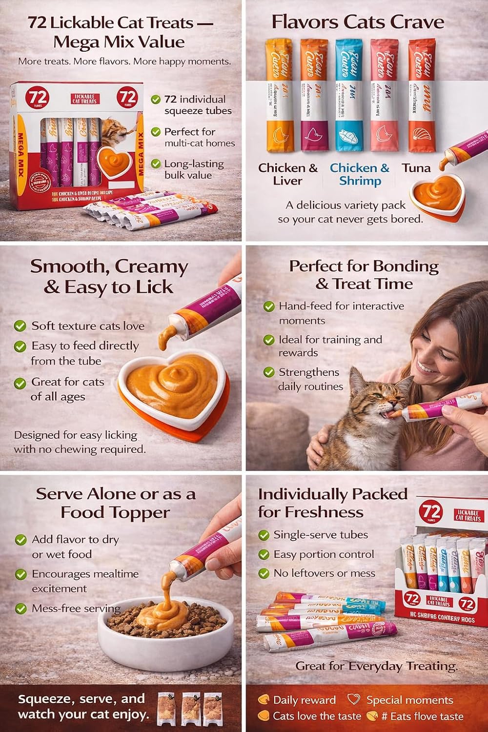 Premium Lickable Cat Treats - 72 Squeeze Tubes (0.5oz) | High-Protein Grain-Free Variety Pack | Hydrating Creamy Snacks for All Cats