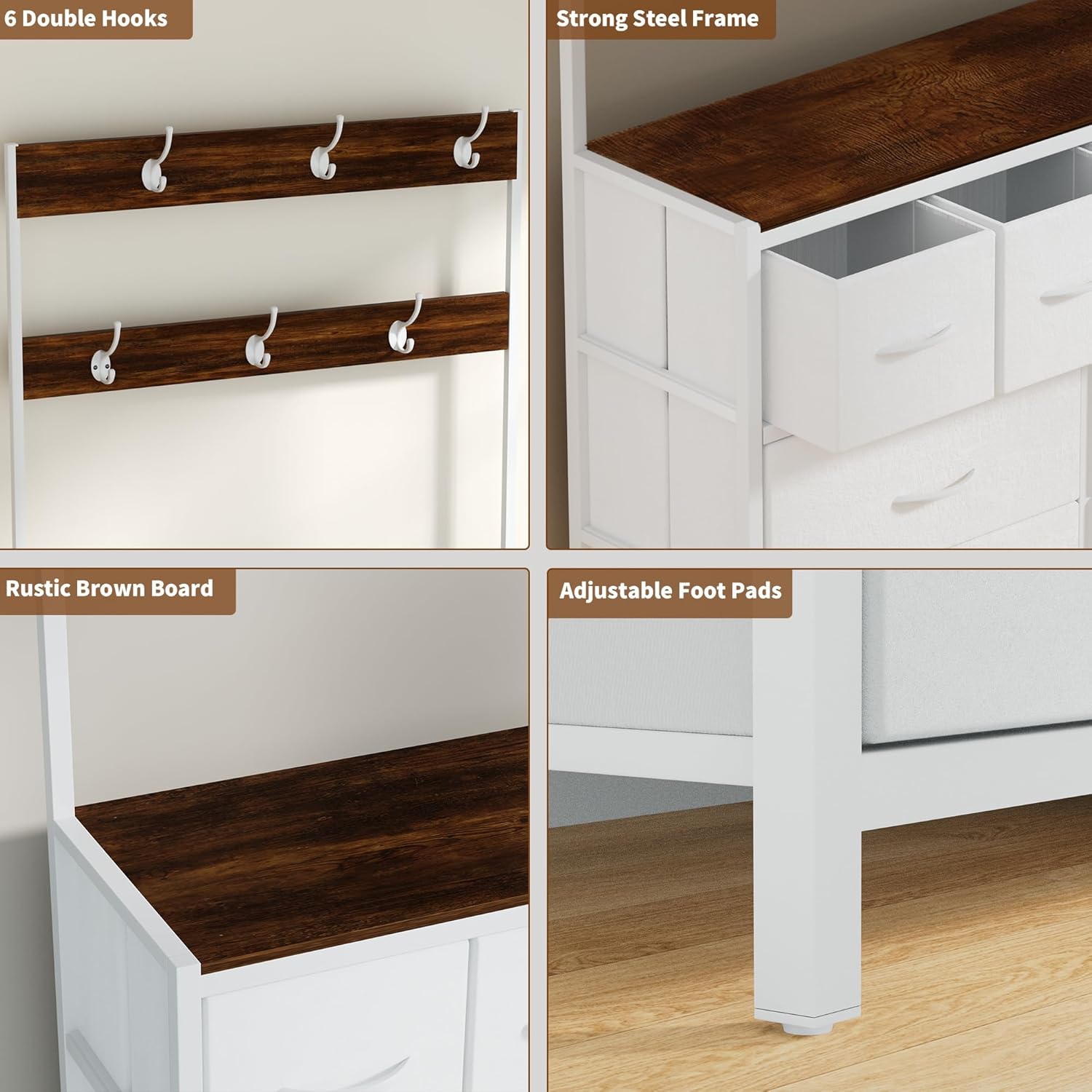 8 Drawer Dresser with 6 Double Hooks, Multifunctional Tall Closet Organizer with Storage Drawers, Space-Saving Chest for Bedroom, Baby & Kids Room (White)