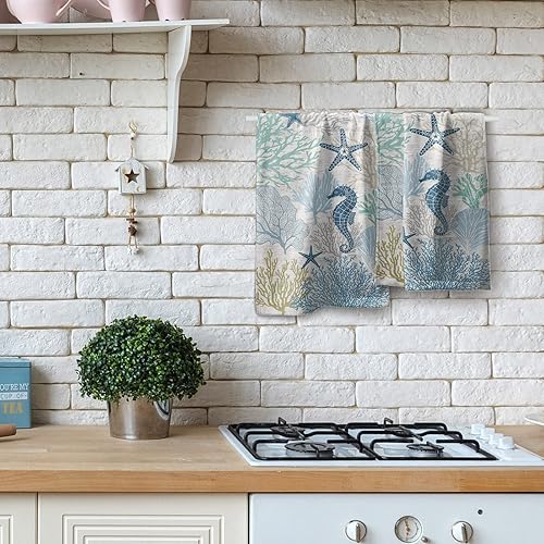Miniatura 8 de Juego de 2 toallas de mano decorativas de caballo de mar, toallas absorbentes súper suaves para yoga, gimnasio, spa, cocina, 28 x 14 pulgadas