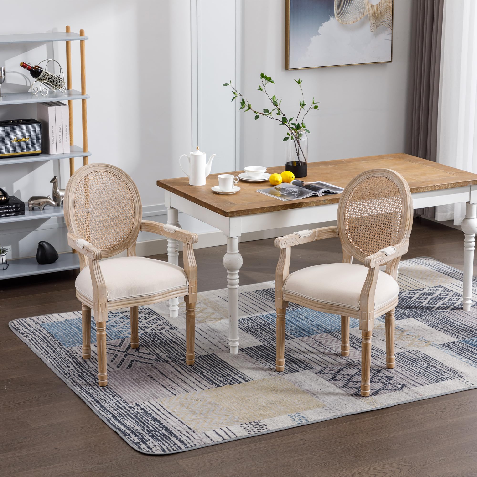 French Vintage Upholstered Fabric Dining Armchair Set of 2, Cream, Solid Wood Frame with Rattan Mesh Backrest, Comfortable Seating for Dining Room