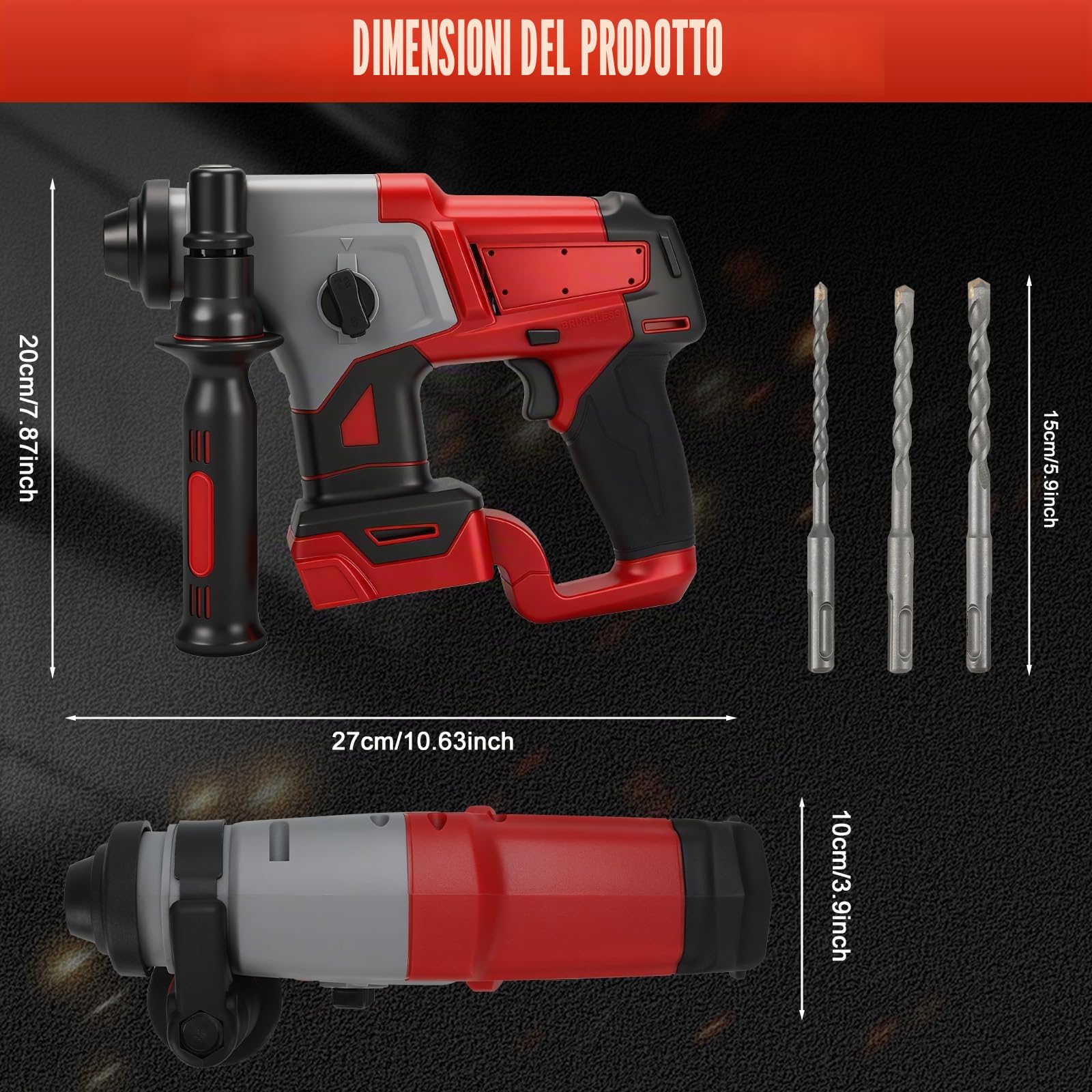 Roadtime 3J Martello Perforatore 1250W compatibile con Milwaukee 18V Battery (senza batteria),Motore senza spazzole martello 3500RPM,Hammer combinato con 3x Drill Bit SDS PLUS,Foratura 22mm