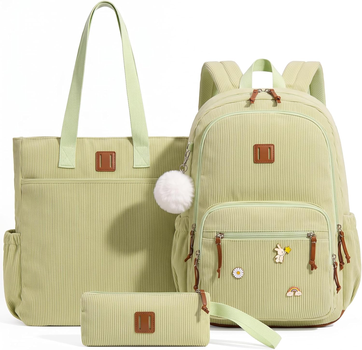  Green 3PCS Corduroy Backpack Set, Aesthetic Bookbag for Teen Girls thumbnail