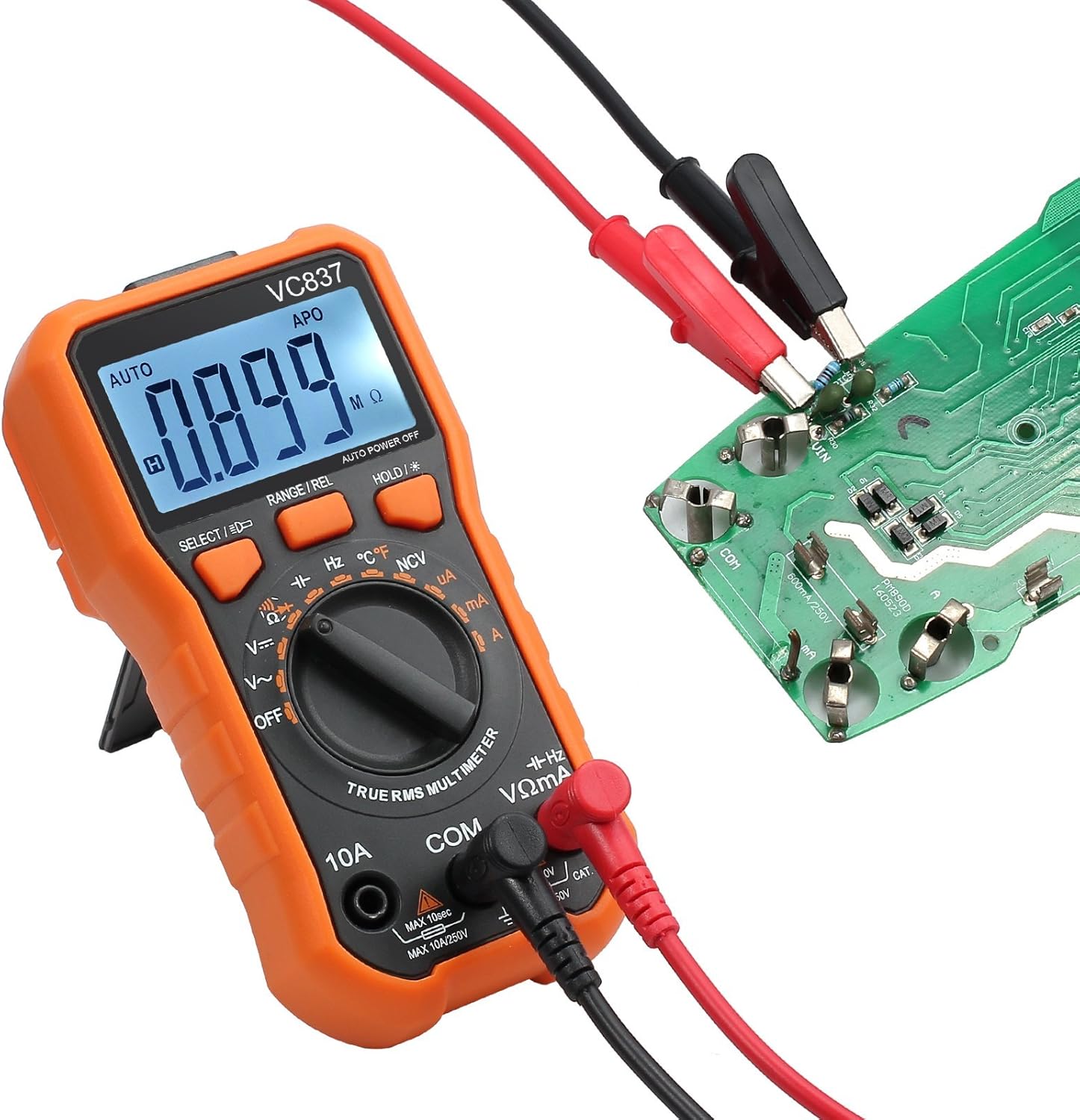 Proster VC837 Multimeter measuring AC voltage from a wall outlet using test leads.