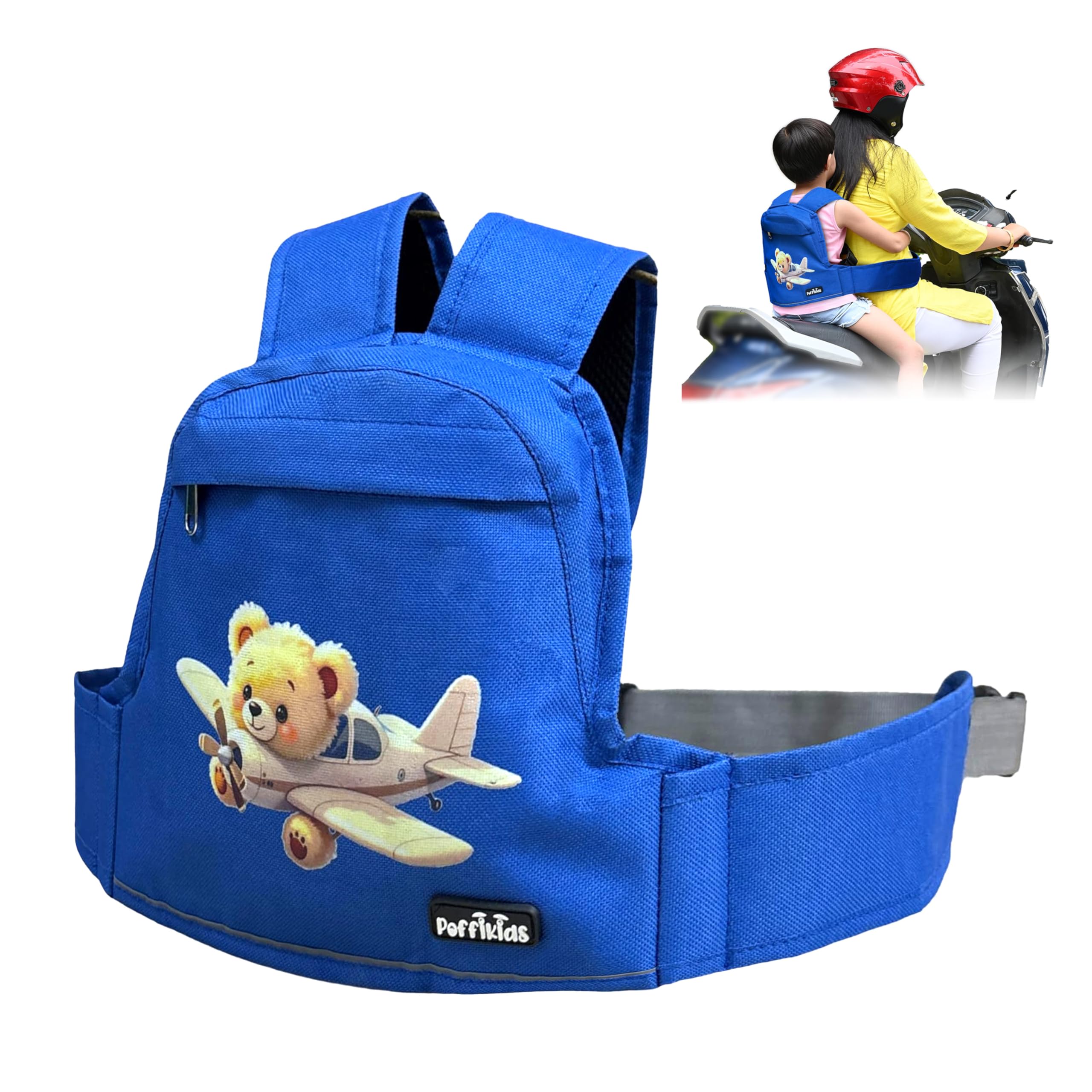 Poffikids Bike Safety Belt for Kids, Safety Belt for Kids for Bike scooty, Baby Safety Belt for 2 Wheeler with Adjustable Buckle, Soft Cushioning & Storage Bag for Kids 2-8 Years