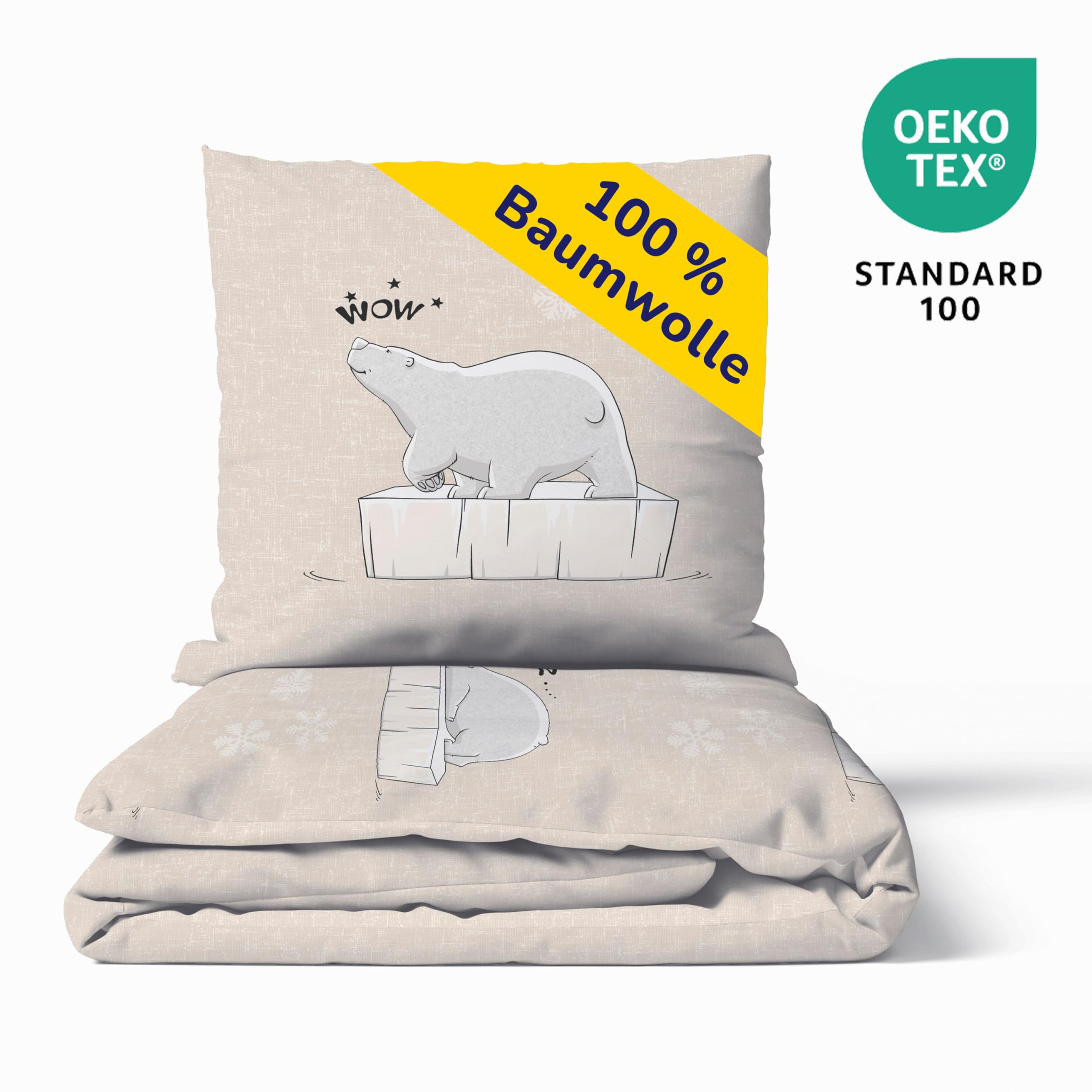 Träumschön Biber Bettwäsche Set 2tlg 135x200 cm + 80x80 cm – Flauschige Kinderbettwäsche Beige – Weiche Winterbettwäsche mit Eisbären - Atmungsaktiv, Warm & Hautfreundlich - 100% Baumwolle