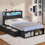 ADORNEVE Twin Bed Frame with 6 Storage Drawers & 2-Tier LED Headboard – Kids Boy Bed with Power Outlets & RGB Lights, 2 Footboard Cubbies– Space-Saving No Box Spring Needed, Black