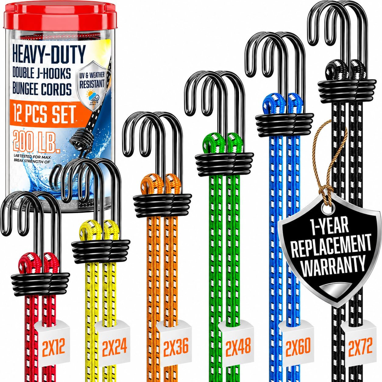 Bungee Cords Heavy Duty Outdoor with Hooks - 12Pc Assorted Sizes Set
