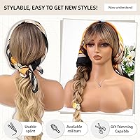 Vista 94 de HAIRCUBE Peluca de color marrón a rubio con flequillo para mujer, peluca de cabello largo ondulado marrón y rubio, pelucas sintéticas rizadas