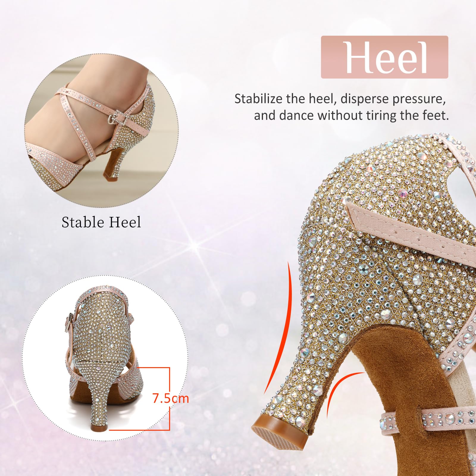 Scarpe da Ballo Latino Americano Donna con Strass in Raso Punta Aperta Salsa Bachata Scarpe da Ballo da Sala,YCL388,Tacco 7.5 cm