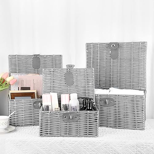 Miniatura 5 de Hipiwe Cajas de almacenamiento decorativas con tapas y cerradura, cesta tejida negra, asas de transporte integradas, cesta de plástico con tapa,